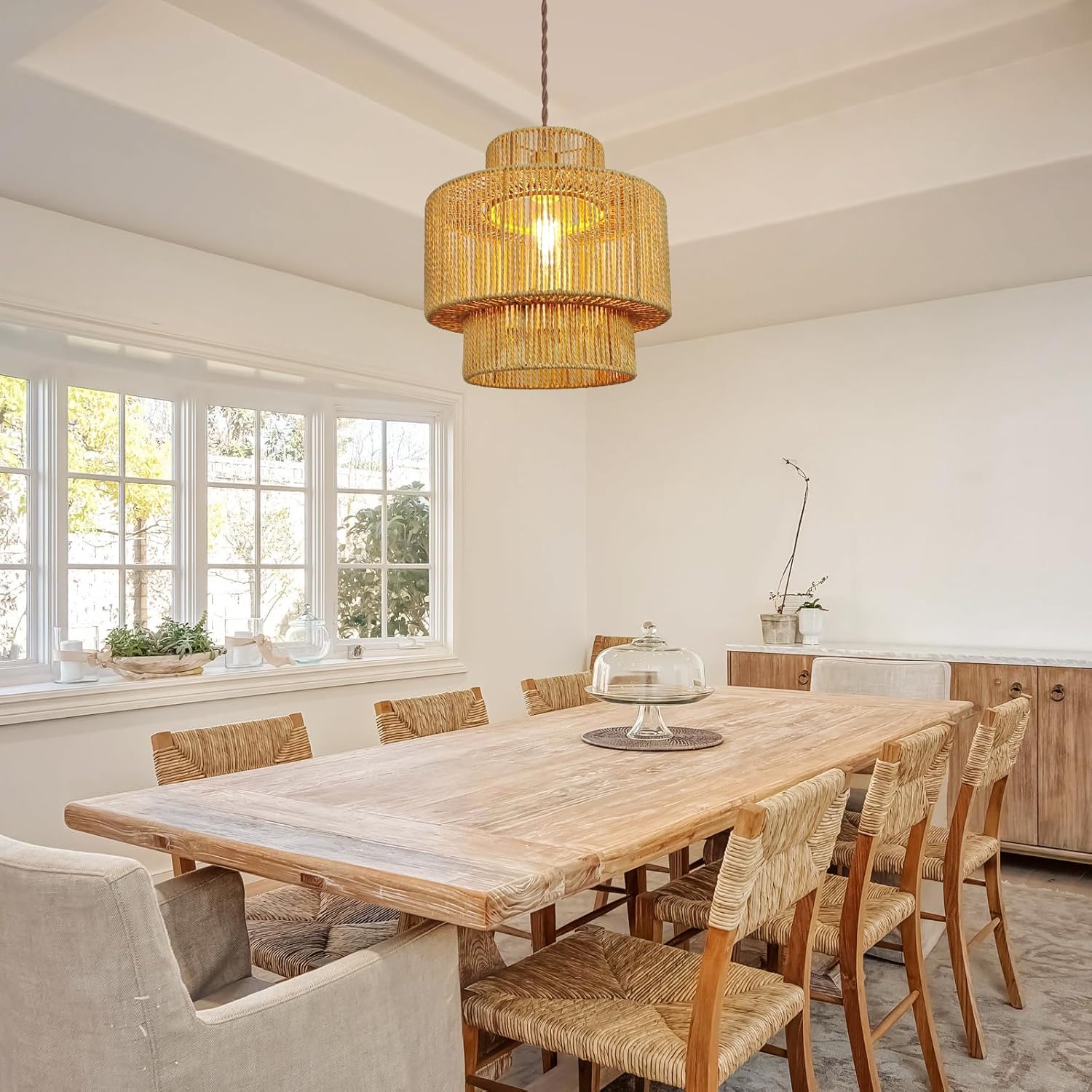 Boho Rattan Lamp Shades for Pendant Light Chandelier Floor Lamps Replacement,Rustic 3-Tier Drum Lamp Shade with Hand-Woven Rattan for Living Room Kitchen Dining Room Office Hotel.