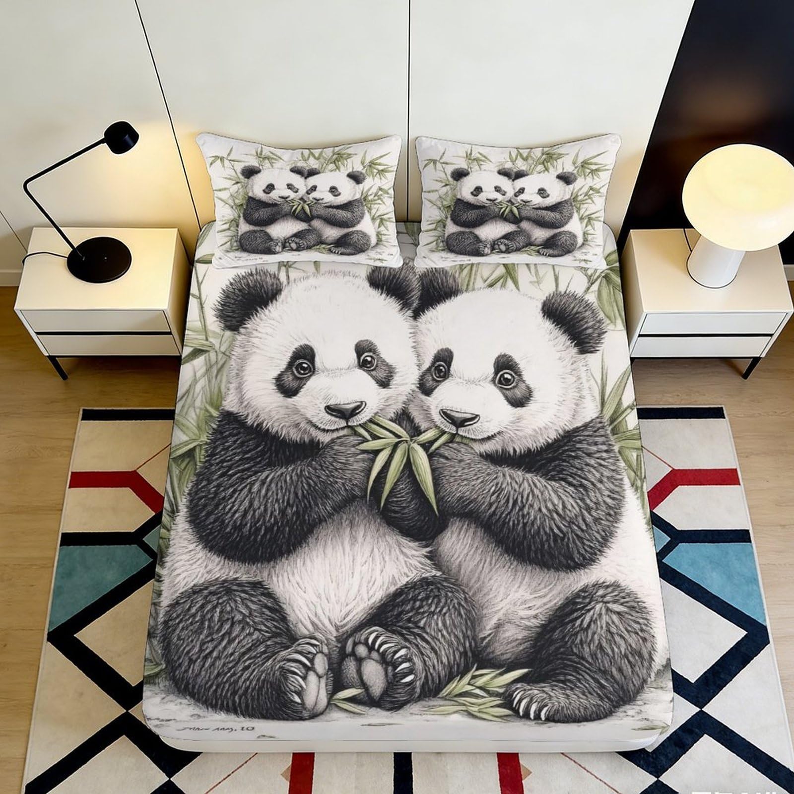 3D Printed Panda Bears Fitted Sheet Microfiber Soft Breathable Bamboo Leaves Bed Cover for Bedroom Dormitory Guest Room Mattress Protection Decor 160x200x25cm