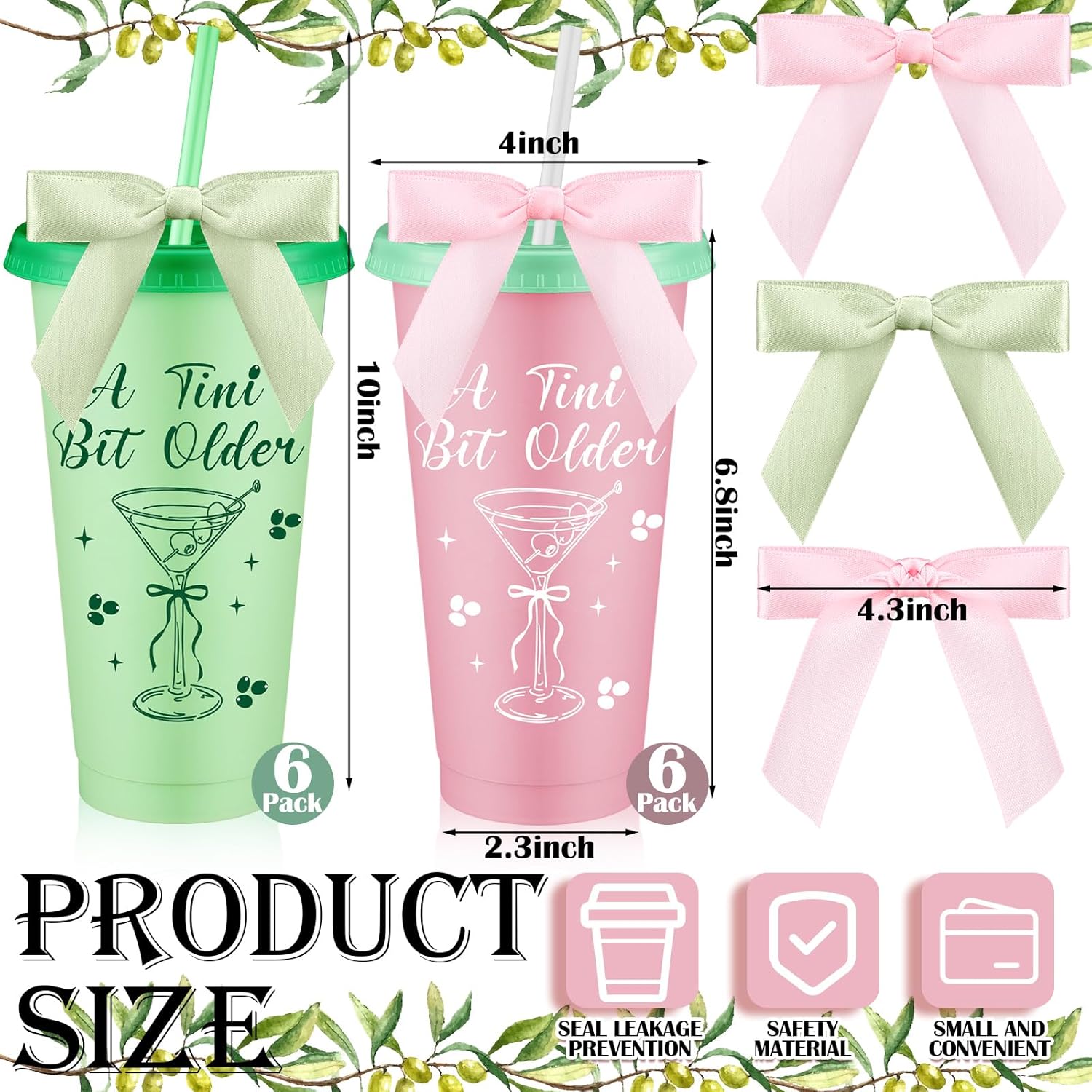 Jingmore 12 Pcs Martini Party Tini Bit Older Cups Plastic Cup 24oz a Plastic tumbler with Lids and Straws for Martini Birthday Decoration Bachelorette Bridal Shower Party Supplies(Green,Pink,Olive)