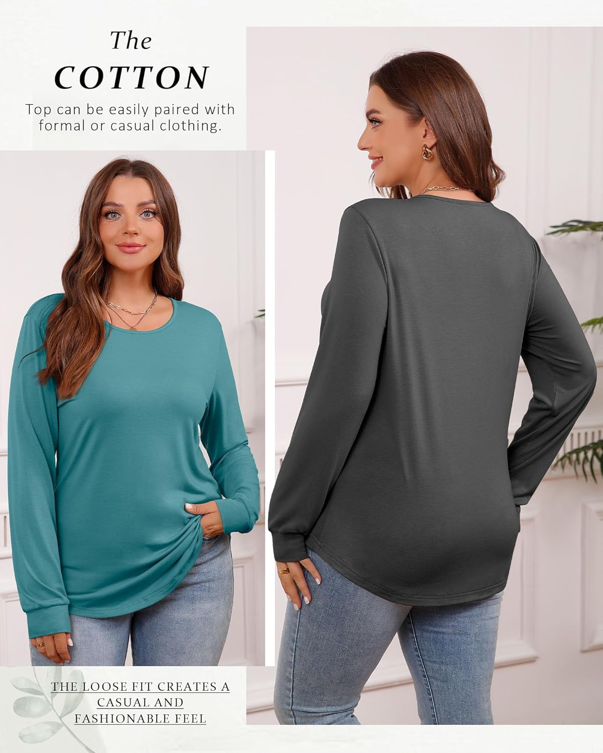 Huukeay 3 Pack Women Plus Size Long Sleeve Tops Loose Fit Tunic Shirts Crewneck Basic Tops Curved Hem Casual T Shirts - Image 2