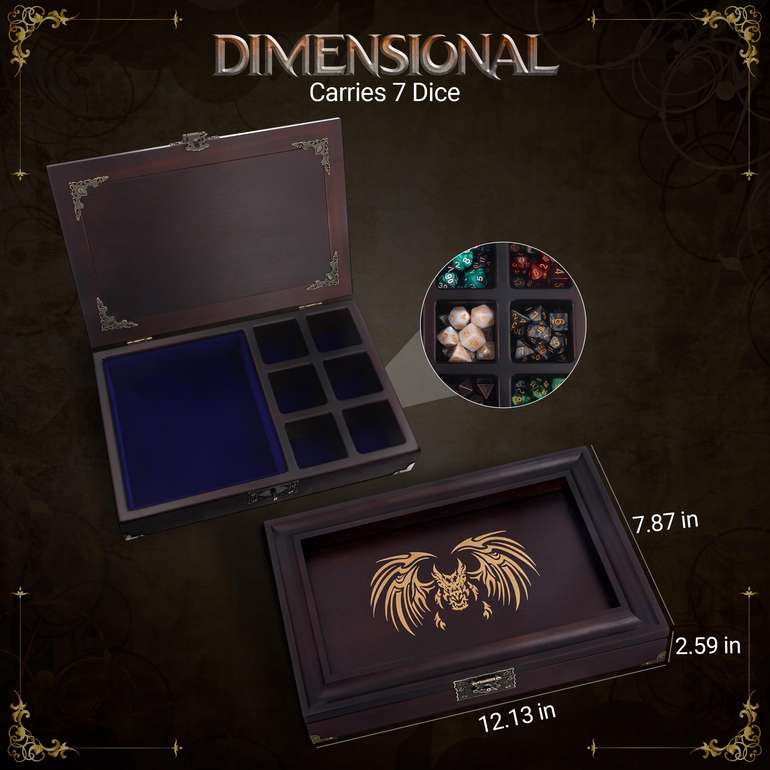 DND Würfeltablett 2-in-1 – DND-Würfel-Sets aus Metall mit einer Holzkiste – Würfelablage zum Rollen und Aufbewahren von Organizern | Würfeltablett für RPG-Tischspiele – Würfelbox für Dungeons