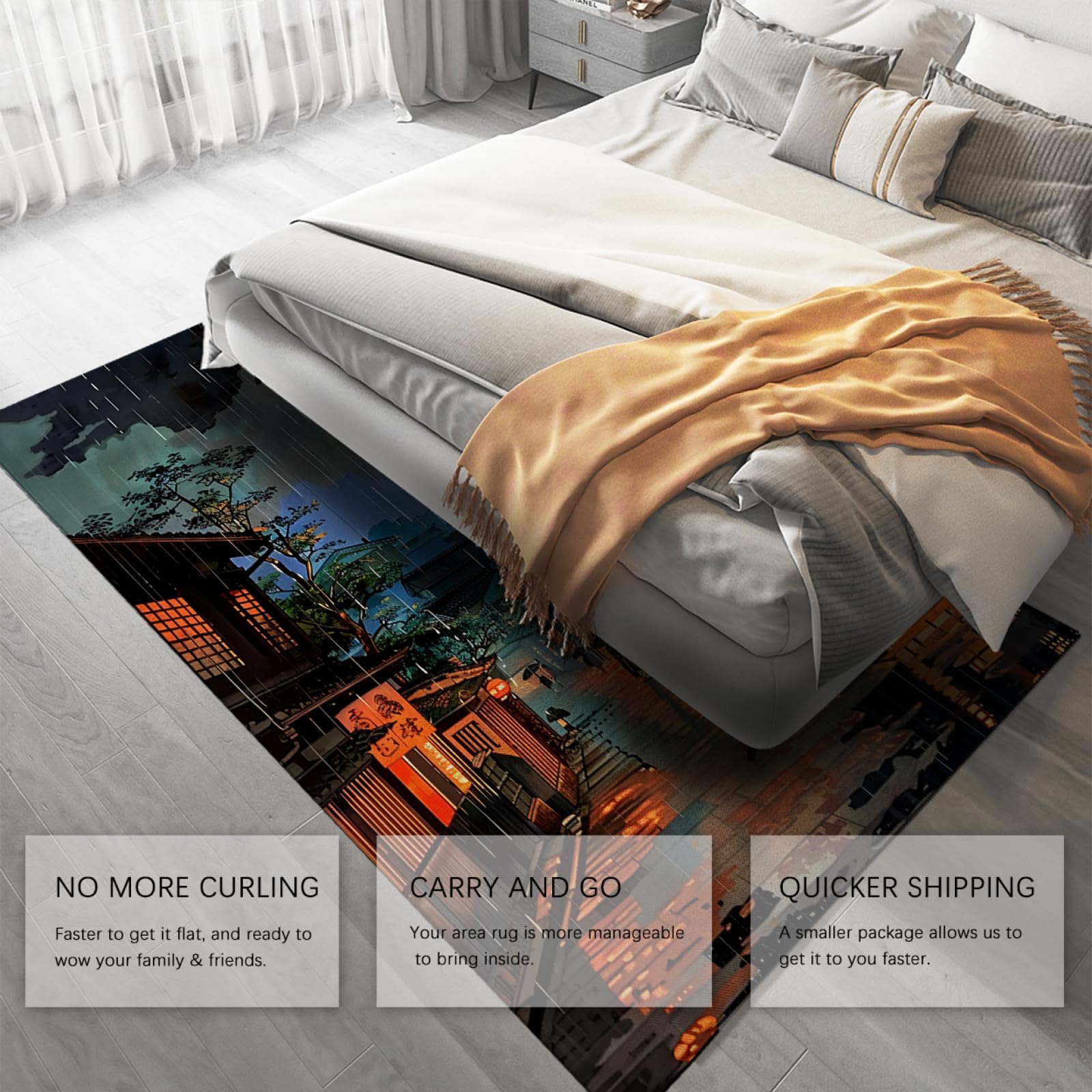 Conception esthétique Tapis antidérapants Doux 60x90cm - bâtiments de Style Japonais sur Le Paysage de Rue de Jour de Pluie Tapis Mince à Poils Ras pour Le Bureau