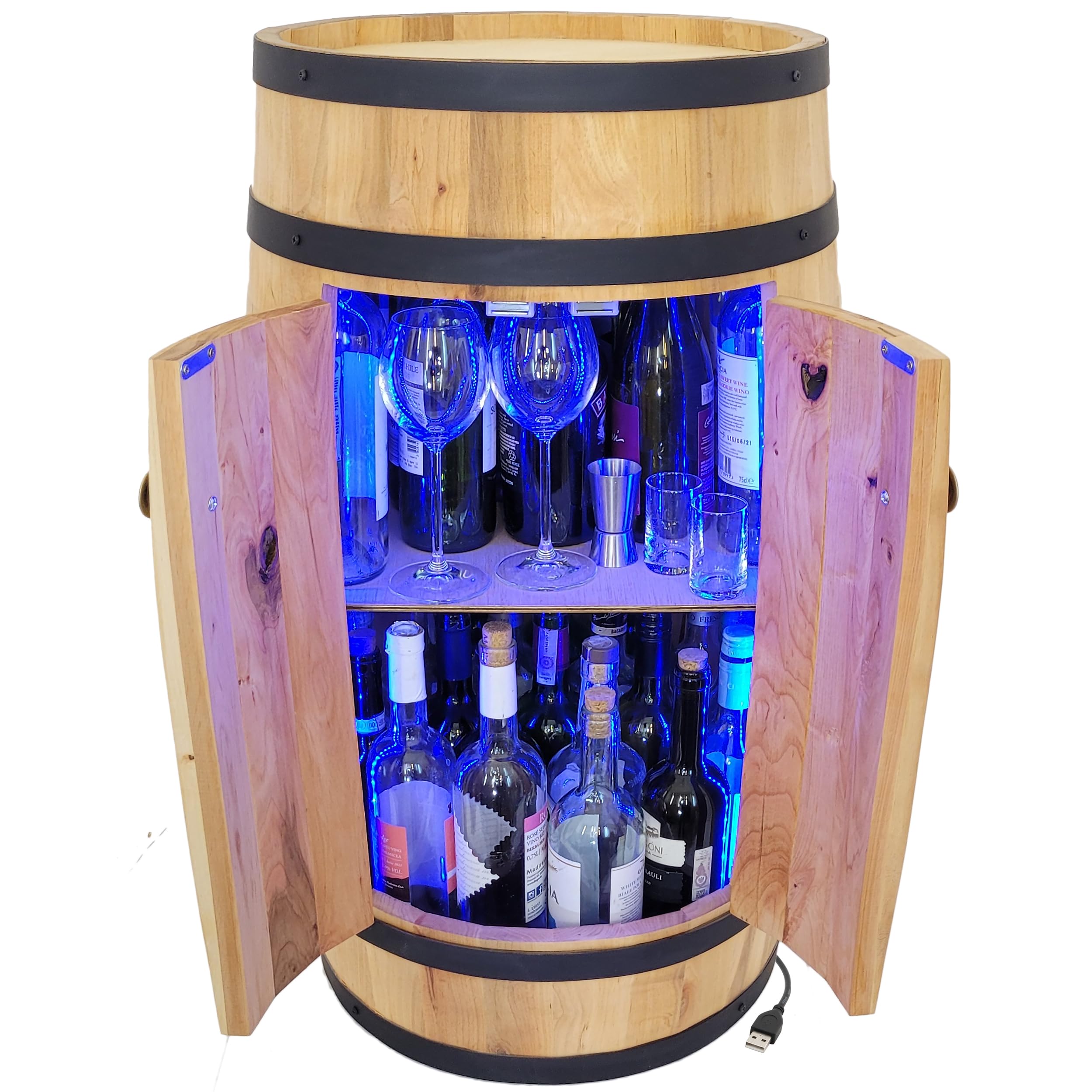 weeco Tonneau en Bois avec 4 Roues, Portes et éclairage USB RGB. Étagère en Bois de hêtre Solide et Renforts en métal - Tonneau Bar - Casier à Vin - Armoire de Bar (Marron Clair/chêne)
