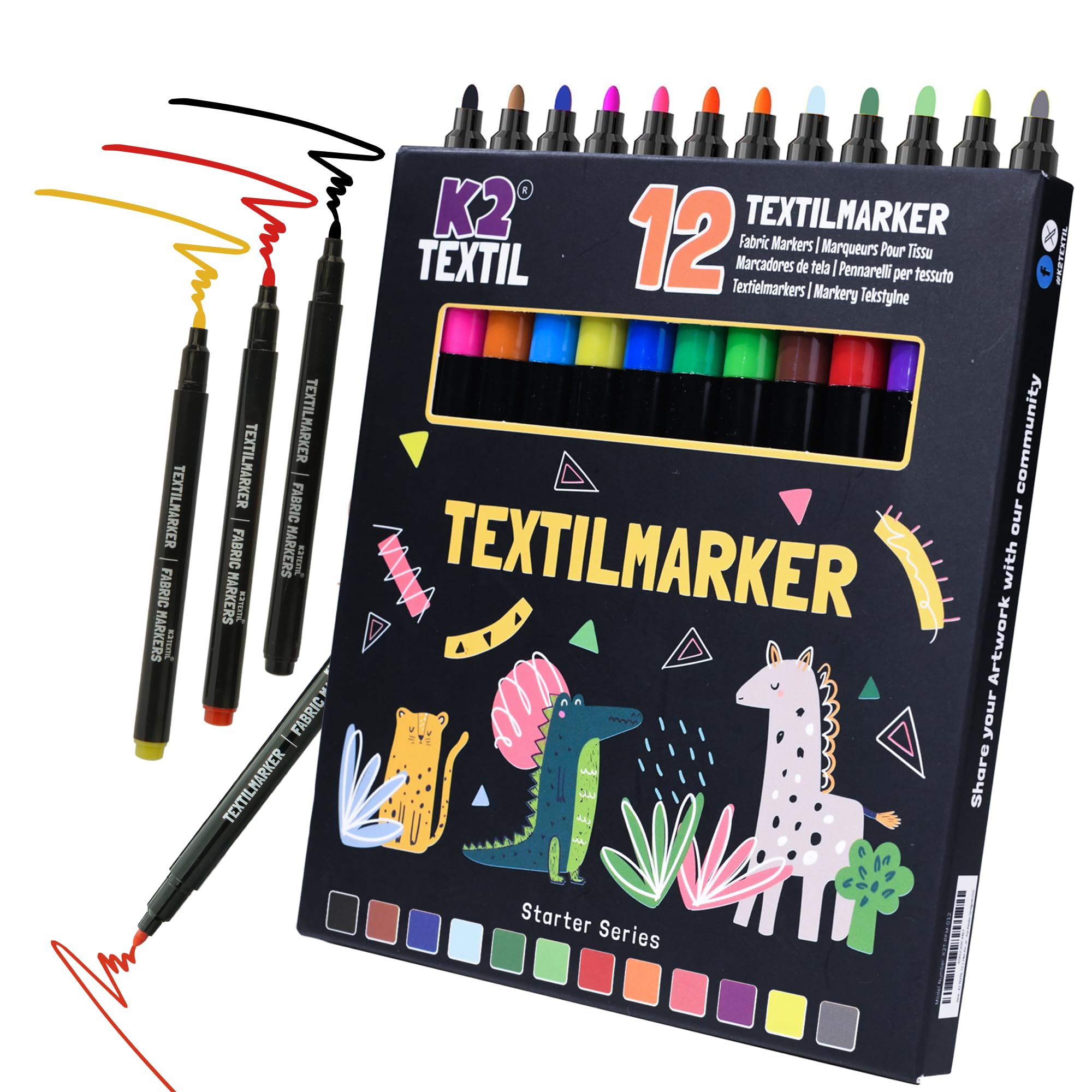 K2 Rotuladores Textiles Lavables a Máquina 12 | 24 Marcadores Para Pintar y Zapatos, Para Tela, Adecuados Para Niños (12)