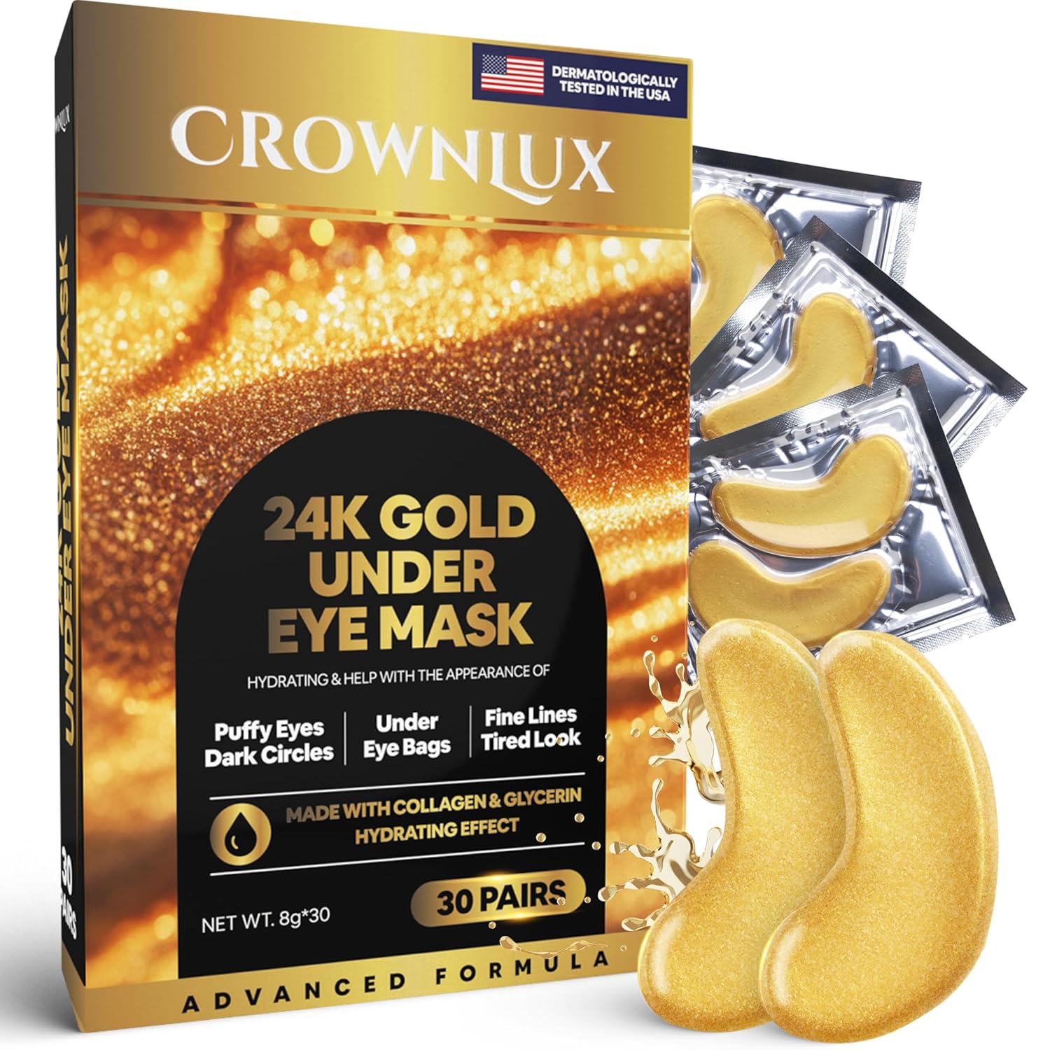 Under Eye Masks (30 Pairs), 24K Gold Under Eye Patches for Puffy Eyes, Dark Circles, Eye Bags, Refreshes Skin, Firm Glowy Youthful More Elastic Skin Hydration, Collagen Skin Care Products