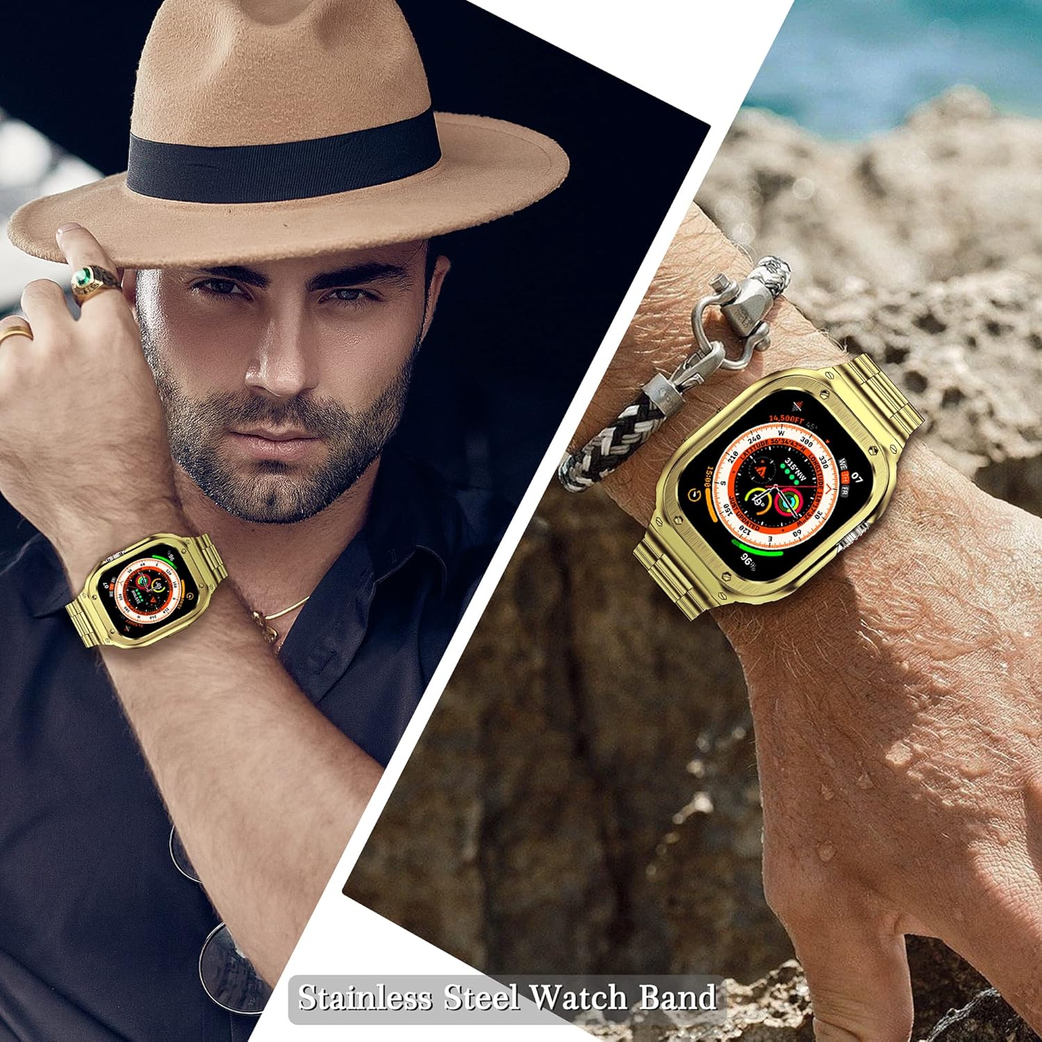 HASLFM Stainless Steel Band with Case Compatible with Apple Watch Ultra 3 2 1(49mm), Metal Protective Bumper Cover for iWatch Bands Men,Gold - Image 4