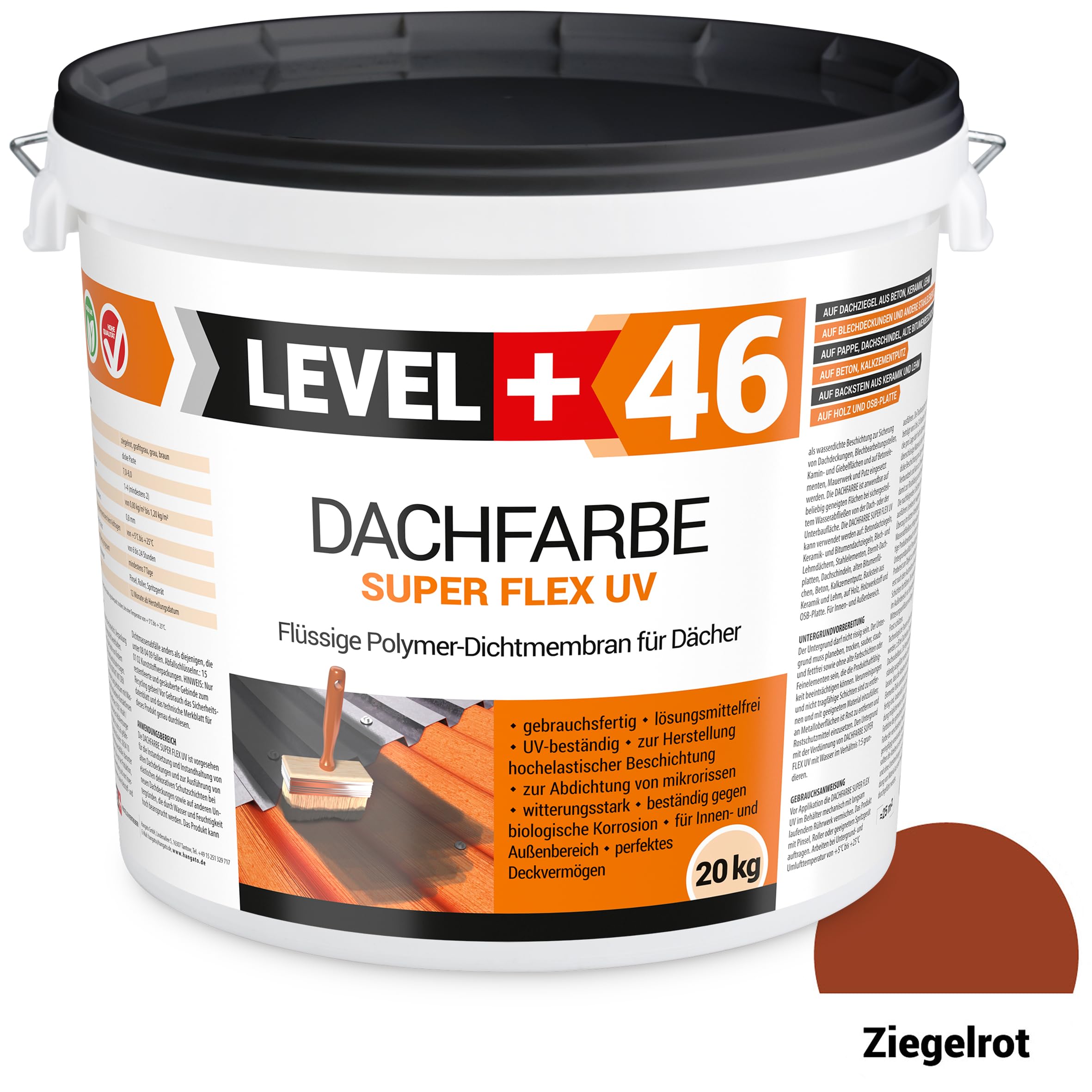 Dachfarbe 20kg Ziegelrot, Sockelfarbe, Dachlack, Dachsanierung, Flexibler Polymermembran Wetterbeständig + Farbroller 25cm Mikrofaser mit Bügel Set RM46