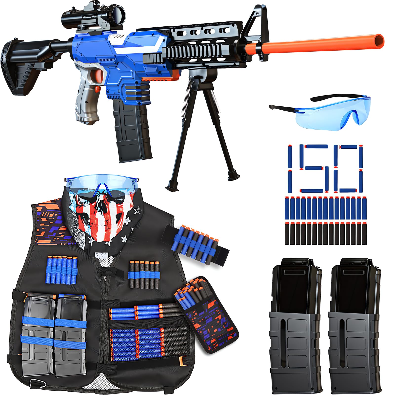 Toy Gun Automatic Sniper Rifle -3 Modes Toy Foam Blasters with Tactical Vest, Bipod, 2 Clips and 150 Darts, Electric Toys for Boys Age 8-12 Gifts for Birthday Xmas