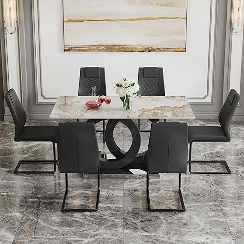 Miniatura 8 de Juego de mesa para comedor para 6, mesa de cocina y sillas para 6, mesa negra con patrón de mármol sintético con 6 sillas de comedor modernas Mesa