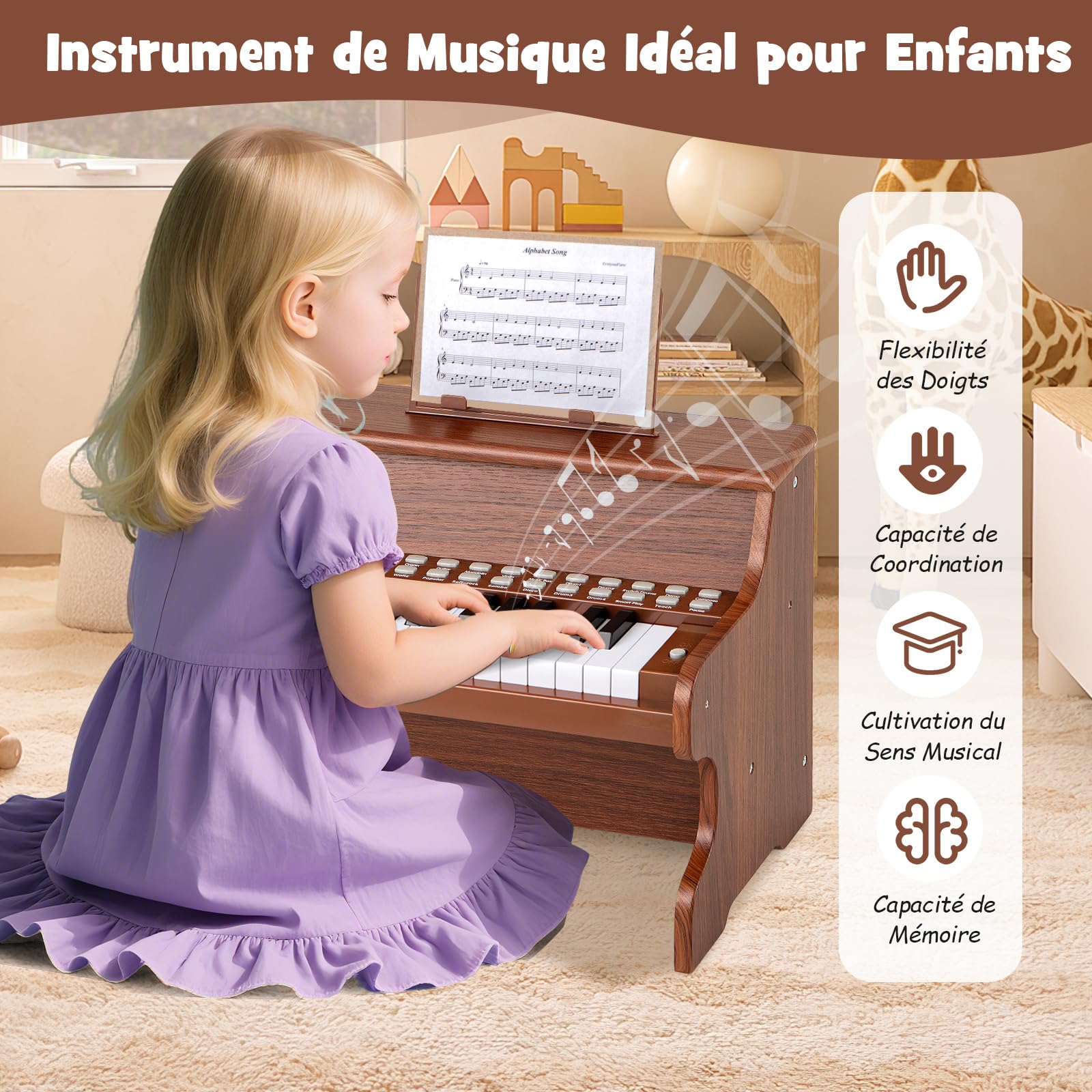 COSTWAY Clavier de Piano Enfant à 25 Touches avec Pupitre Amovible, Piano Numérique avec Mode d'Enseignement & Haut-Parleur, Vitesse et Volume Réglables, Instrument de Musique pour 3 Ans+ (Marron)