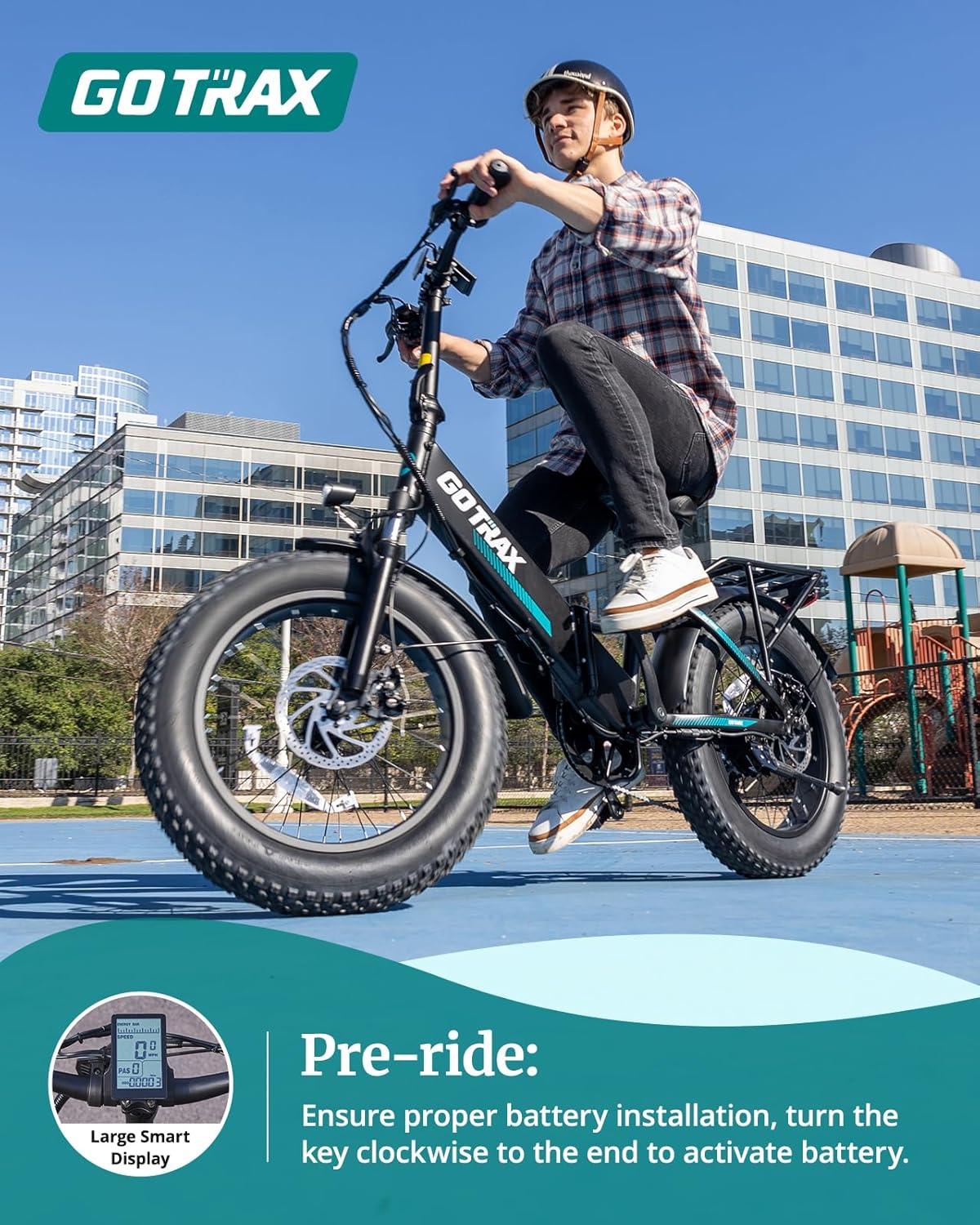 Gotrax R3 Electric Bike with a rider, showing the smart LCD display and pre-ride instructions.