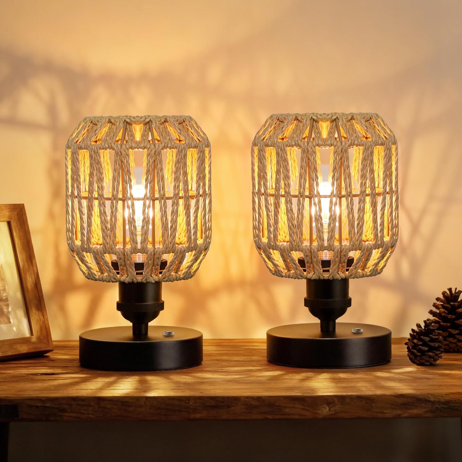 WIHTU 2 Pack Rechargeable Table Lamps, Cordless Lamp with 5000 mAh Battery Operated, Outdoor Wireless Rattan Touch Lamps, Portable Dimmable Lamp for Restaurtrant Home Camping Patio (Bulbs Included)