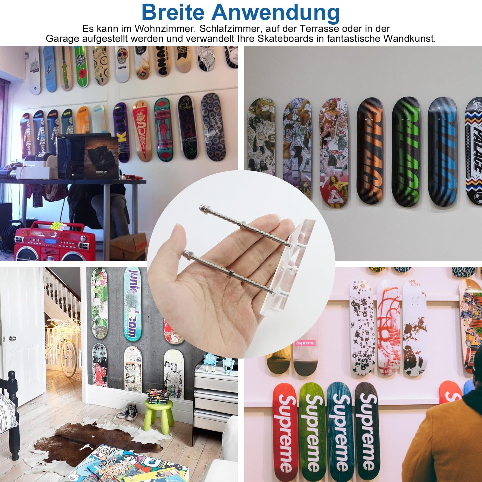 2 Pezzi Supporti Parete Skateboard in Acrilico, Supporto Trasparente Skateboard, Espositore Professionale Supporto Parete, Gancio Skateboard Acrilici,per stoccaggio,Display