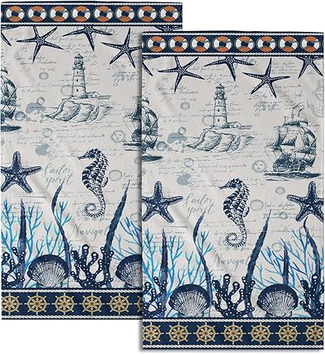Giwawa Juego de 2 toallas de mano náuticas con diseño de velero, diseño de estrella de mar y océano, suave, pequeña, toalla decorativa para el