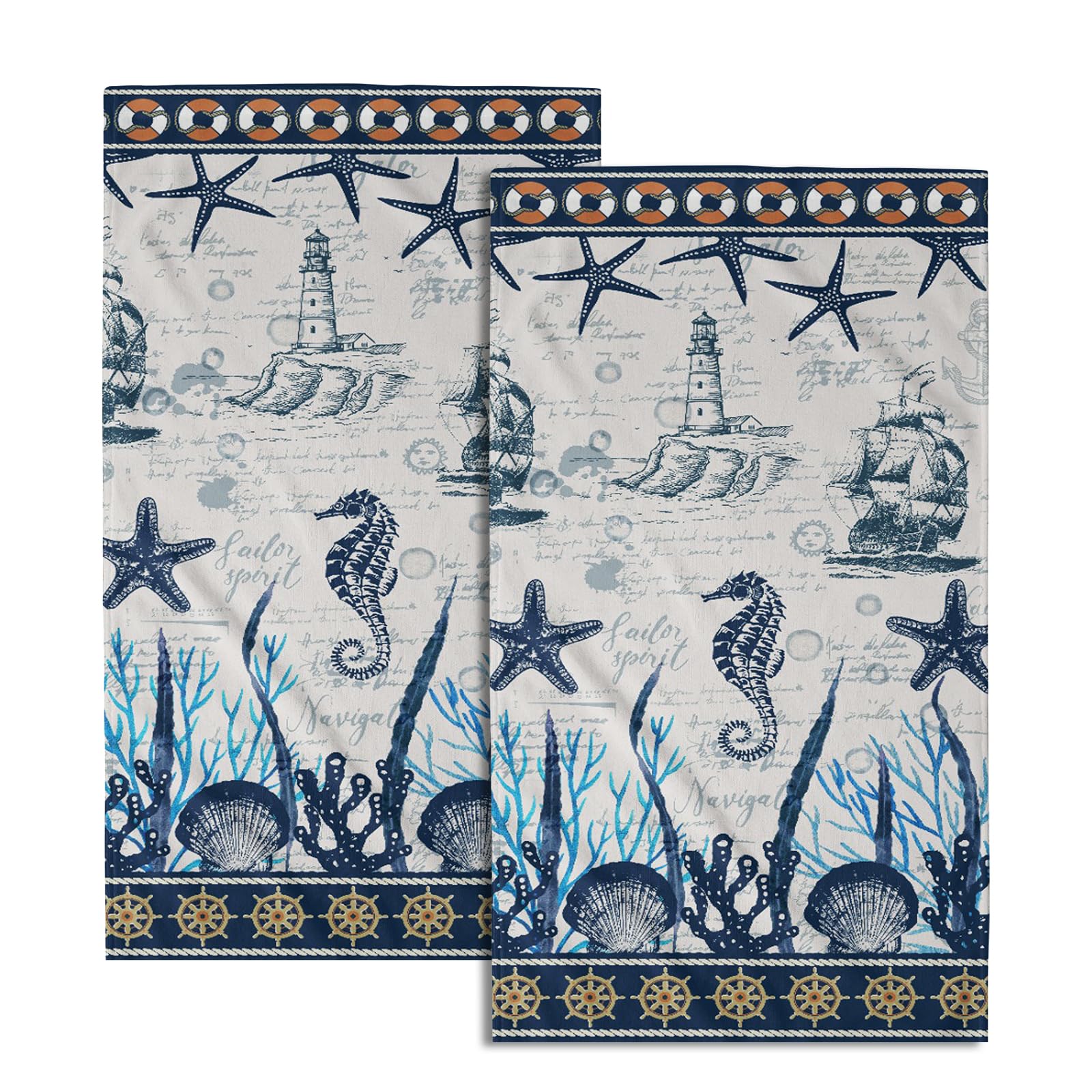 Giwawa Nautical Sailboat Hand Towels Set of 2 Ocean Starfish Soft Small Bath Towel Decorative Fingertip Face Towel for Home Bathroom Kitchen