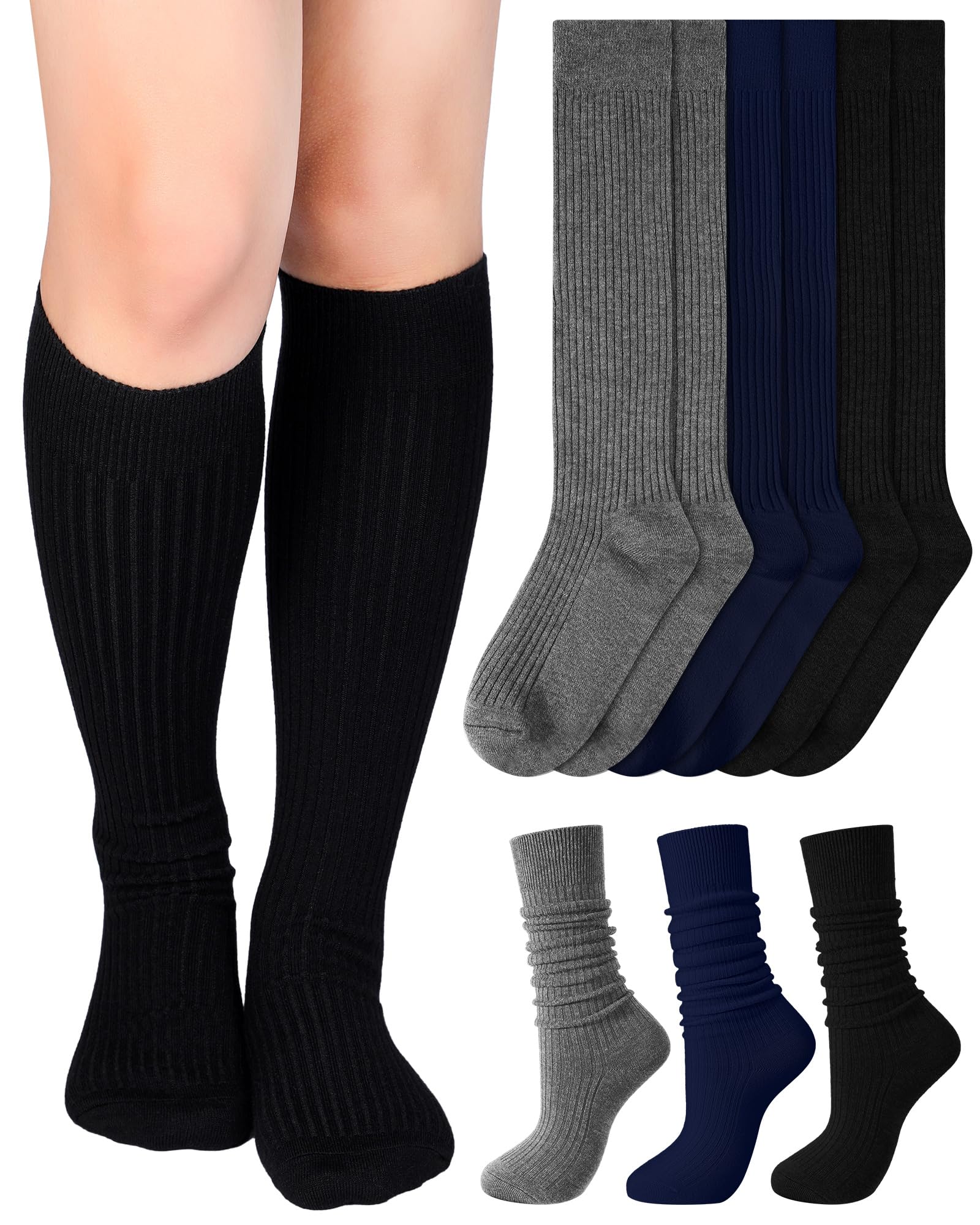 Shihanee 3 Pairs Ribbed Knee High Socks for Women Winter