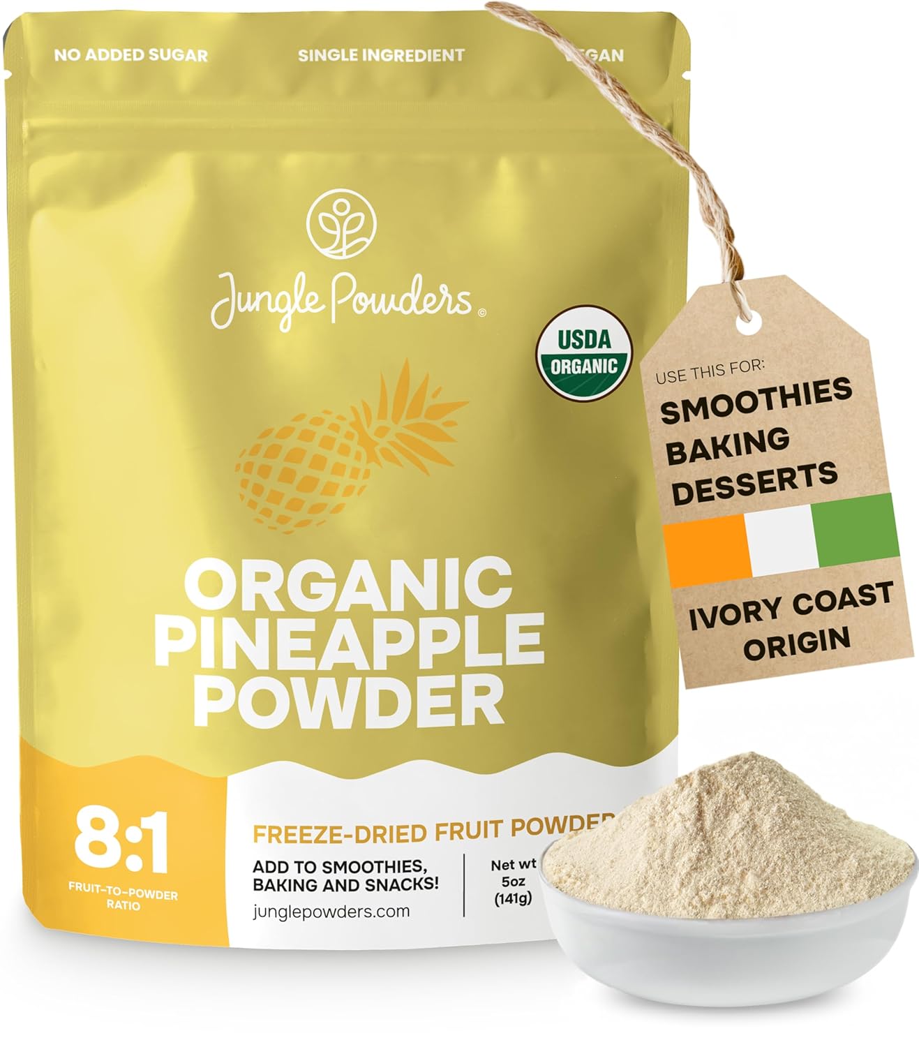 Pineapple Powder Organic 5 Ounce Bag USDA Certified & 3rd Party Lab Tested - Antioxidant Rich Smoothies Freeze Dried Pineapple Extract for Baking from Dried Pineapples - Non-GMO & Vegan Friendly