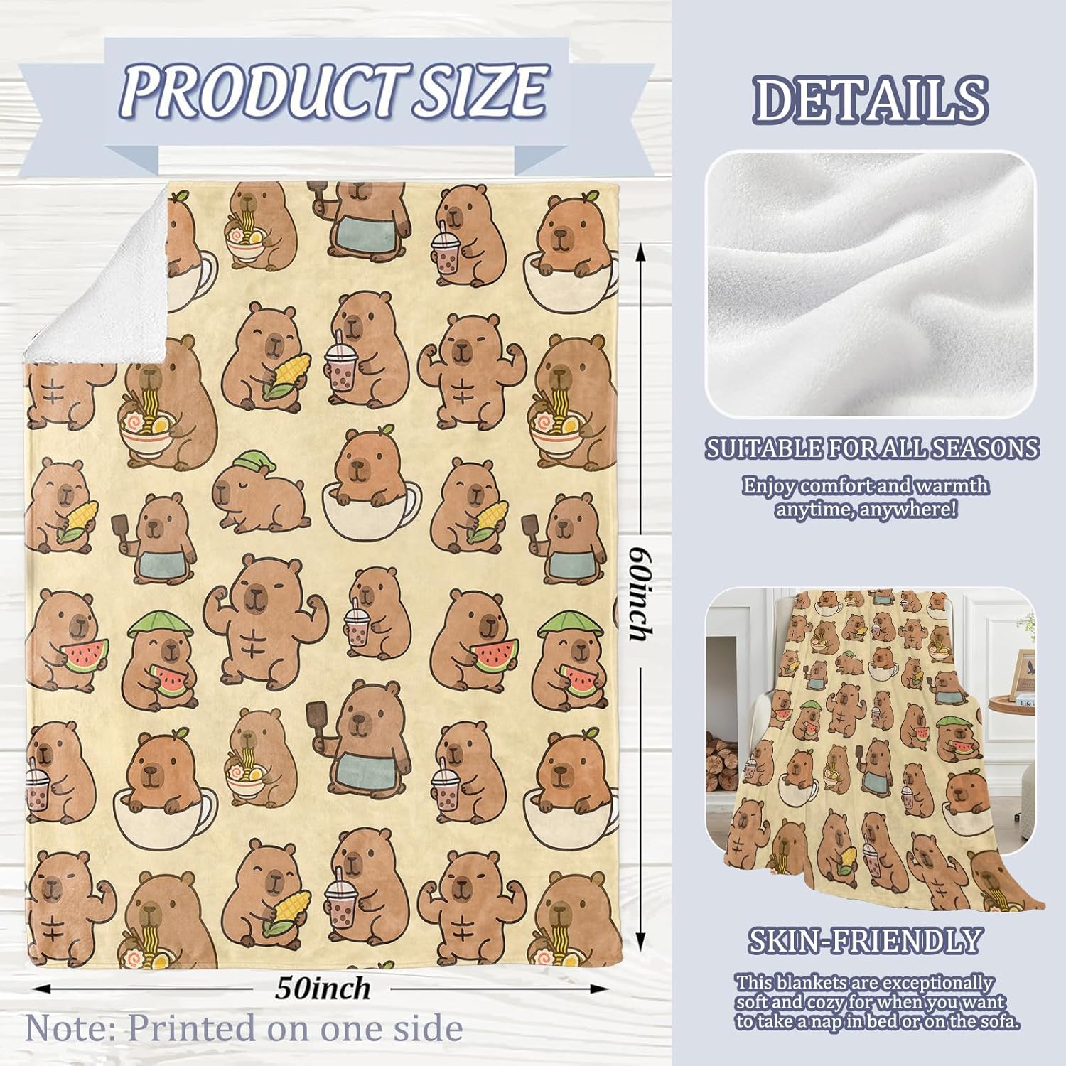 Playful Capybara Blanket, 60 x 50 Inch Flannel Cute Capybaras Throw Blanket, Animal Gifts for Women Girls Boys Adults Kids, Lightweight Cozy Warm Blankets for Sofa Travel Home Decor - Image 3