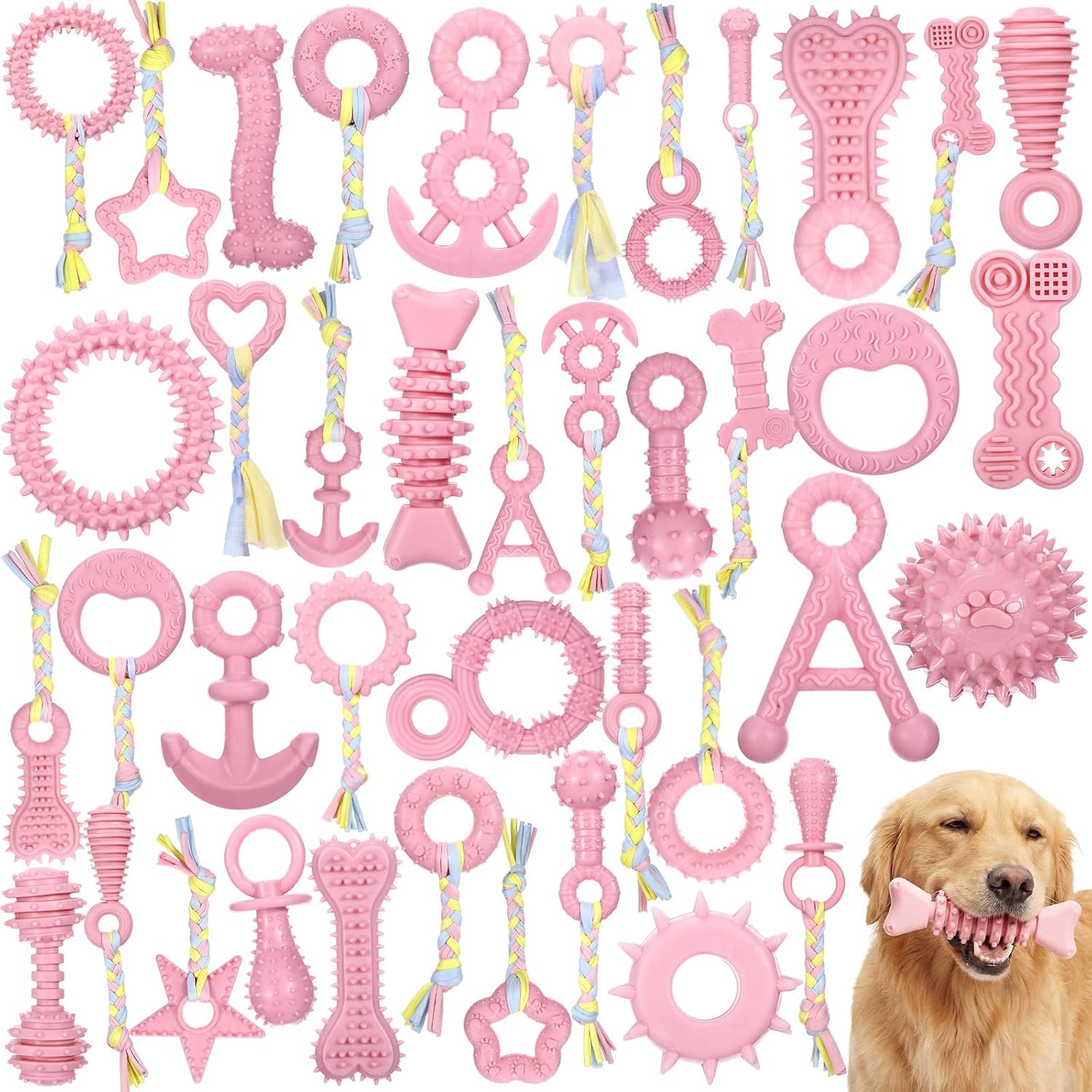 Shappy 40 Pcs Dog Chew Toys for Puppy Dog Toy Bulk Small Dogs Chew Toy for Teething, Relieves Teething Anxiety, Soft & Durable Interactive Toys for Outdoor Play Accessories, Not for Heavy Chewer(Pink)