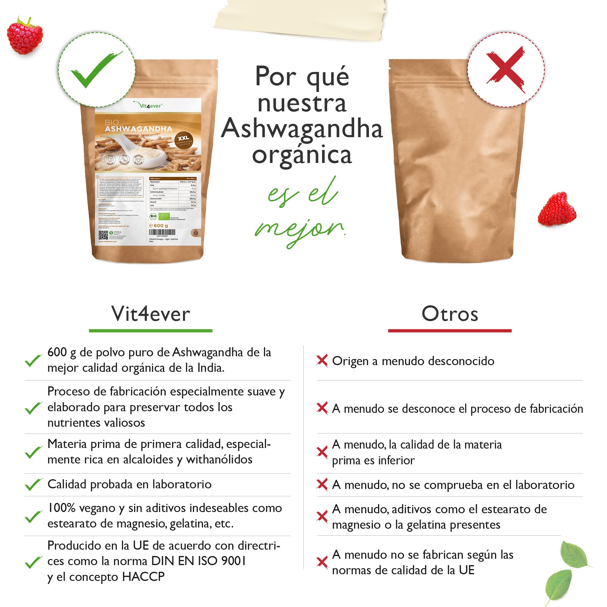 Raíz de Ashwagandha orgánica en polvo 600g - 100% genuina Ashwagandha india (Withania Somnifera) de cultivo orgánico controlado - Vegano