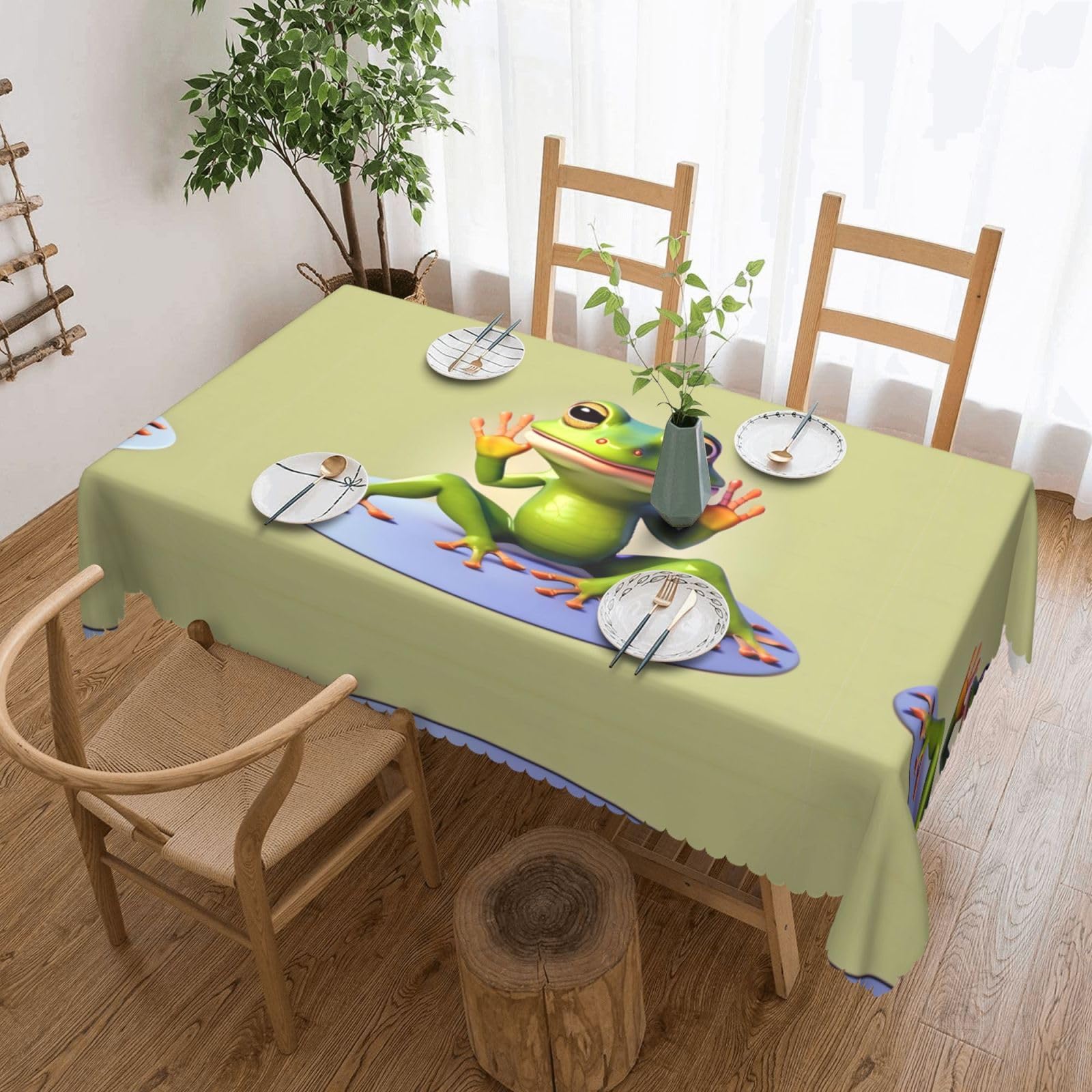 CNTDBU The funny frog doing yoga Scalloped Edge Tablecloth 54x72-Waterproof Stain Resistant Wrinkle Free Cover, Square Table Cloth for Dining Party