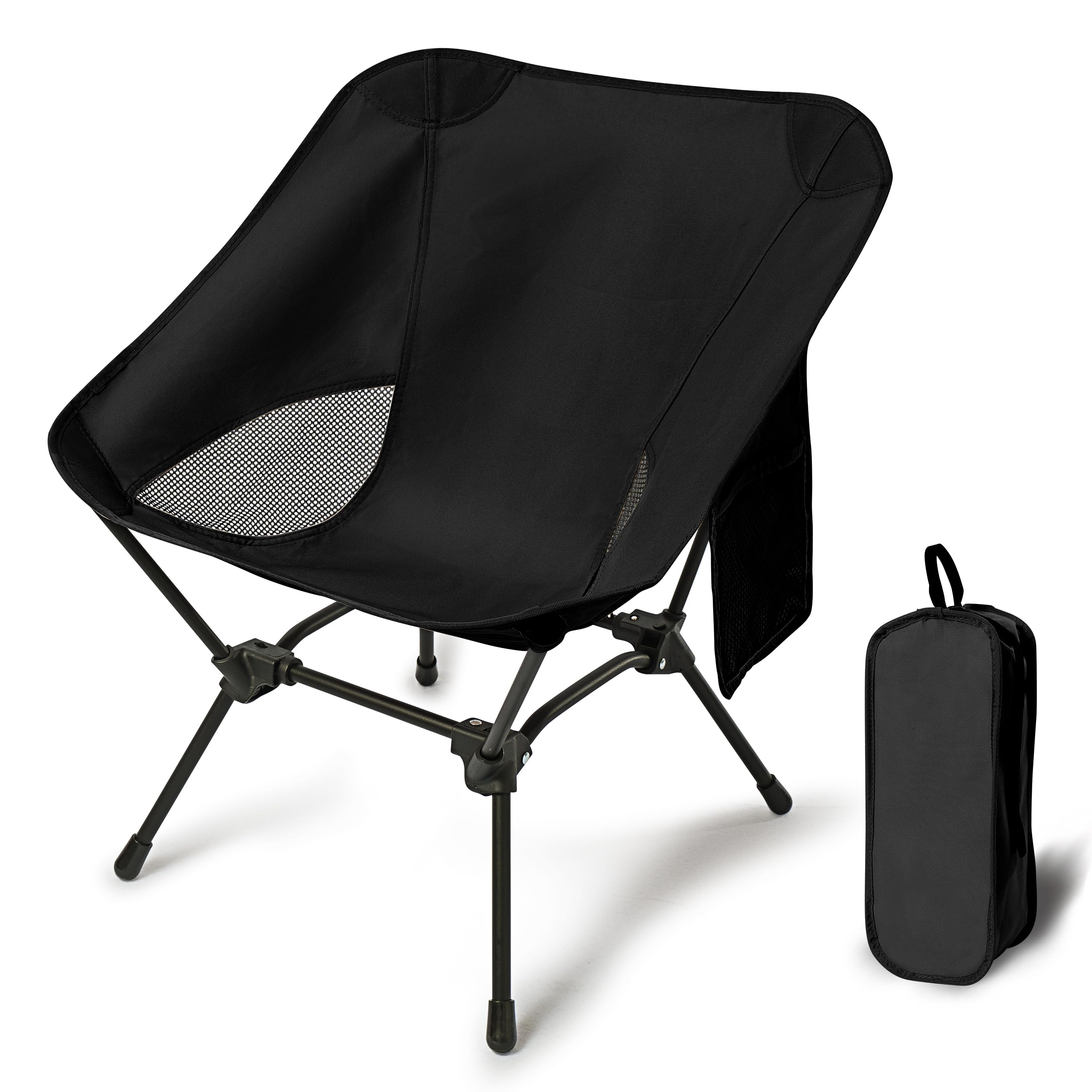 Lightweight Camping Chairs with Adjustable Height, Portable Camping Chairs for Adults with Carry Bag and Side Pockets, Folding Chairs for Outside for Camping, Beach, Fishing, Trip, Picnic (Black)