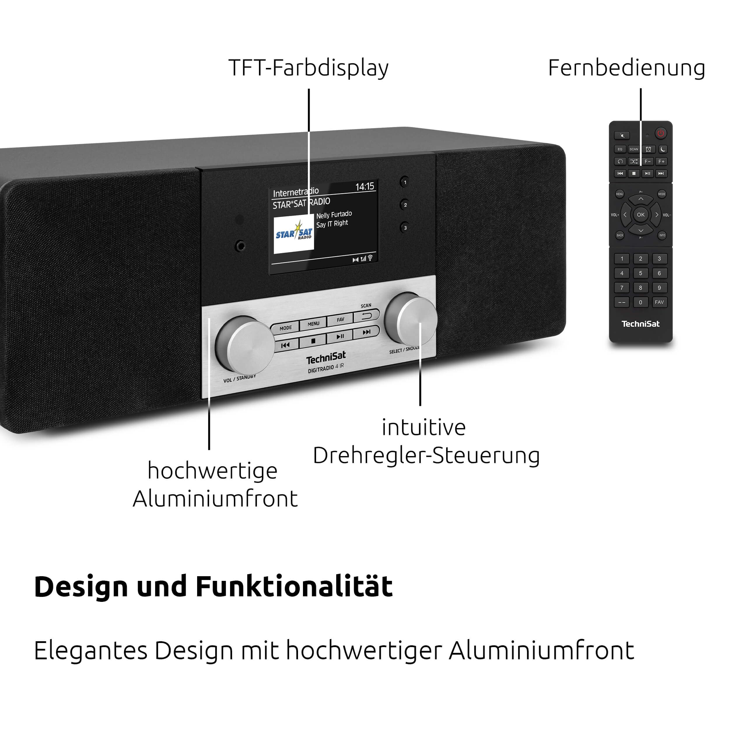 TechniSat DIGITRADIO 4 IR - Stereo Internetradio (DAB+, UKW, Bluetooth-Audiostreaming, Kopfhöreranschluss, AUX-Eingang, Wecktimer, TFT Display, 20 Watt RMS, Elac Lautsprecher, Made in Germany) schwarz