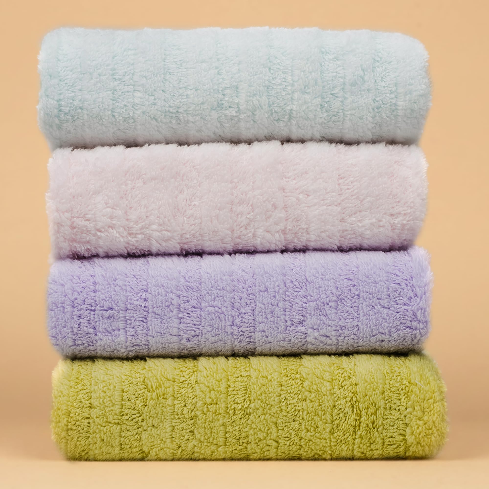 Vie TRIOMPHE 4-Pack Ultra-Soft Fluffy Face Towels 34x80cm, Zero-Twist Long-Staple Cotton, Blue Green Pink Purple, Cloud-Like Plush Texture, 140g Each, Machine Washable