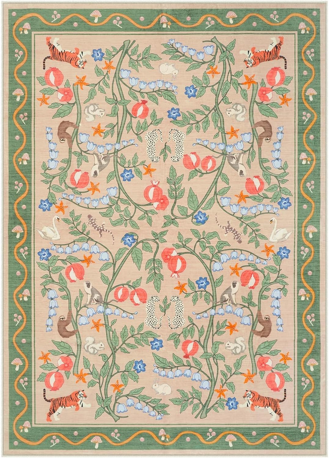 OJIA Washable Area Rugs 5x7, Soft Green Rug for Living Room Bedroom Nursery Rug Floral Animal Print Kids Playroom Carpet Ultra-Thin Boho Throw Large Carpet for Dining Room Classroom - Image 2