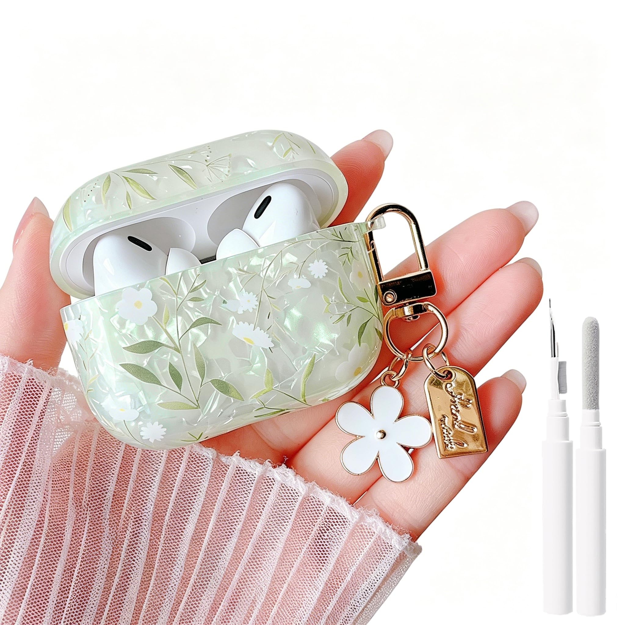 MINSCOSE for Cute Glitter AirPods Pro 3 Case,Shell Pattern Pretty Flower Aesthetics Design with Girly Floral Keychain,Soft TPU Protective Cover for Girls Women for AirPods Pro 3-Green