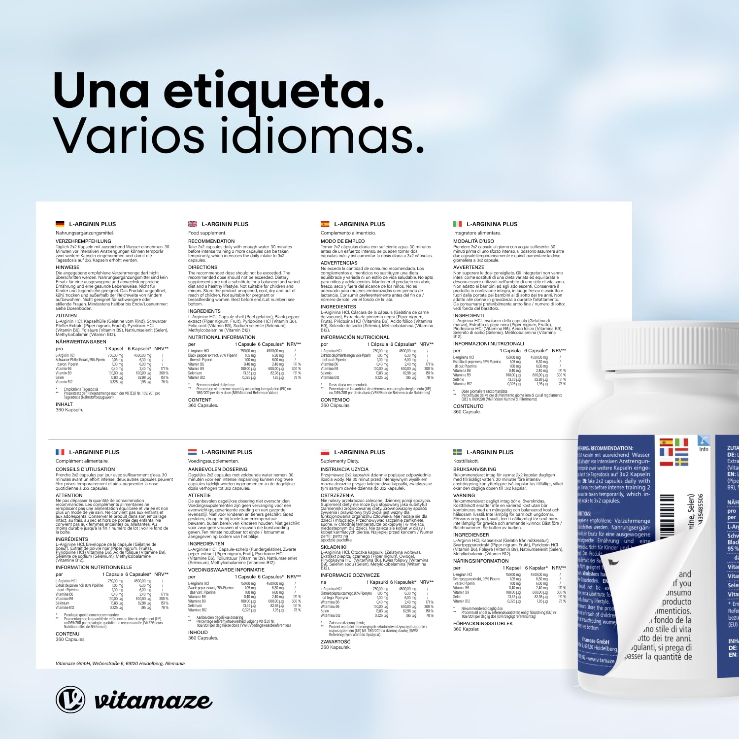 L Arginina 4500mg con Ácido Fólico, Selenio, Piperina y Vitaminas B6, B12, 360 Cápsulas de L-Arginina Pura para Rendimiento Físico, Sin Aditivos Innecesarios, Calidad Alemana
