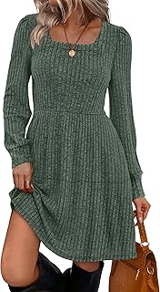 Sampeel Womens Square Neck Long Sleeve Fall Dresses Casual Babydoll Sweater Dress
