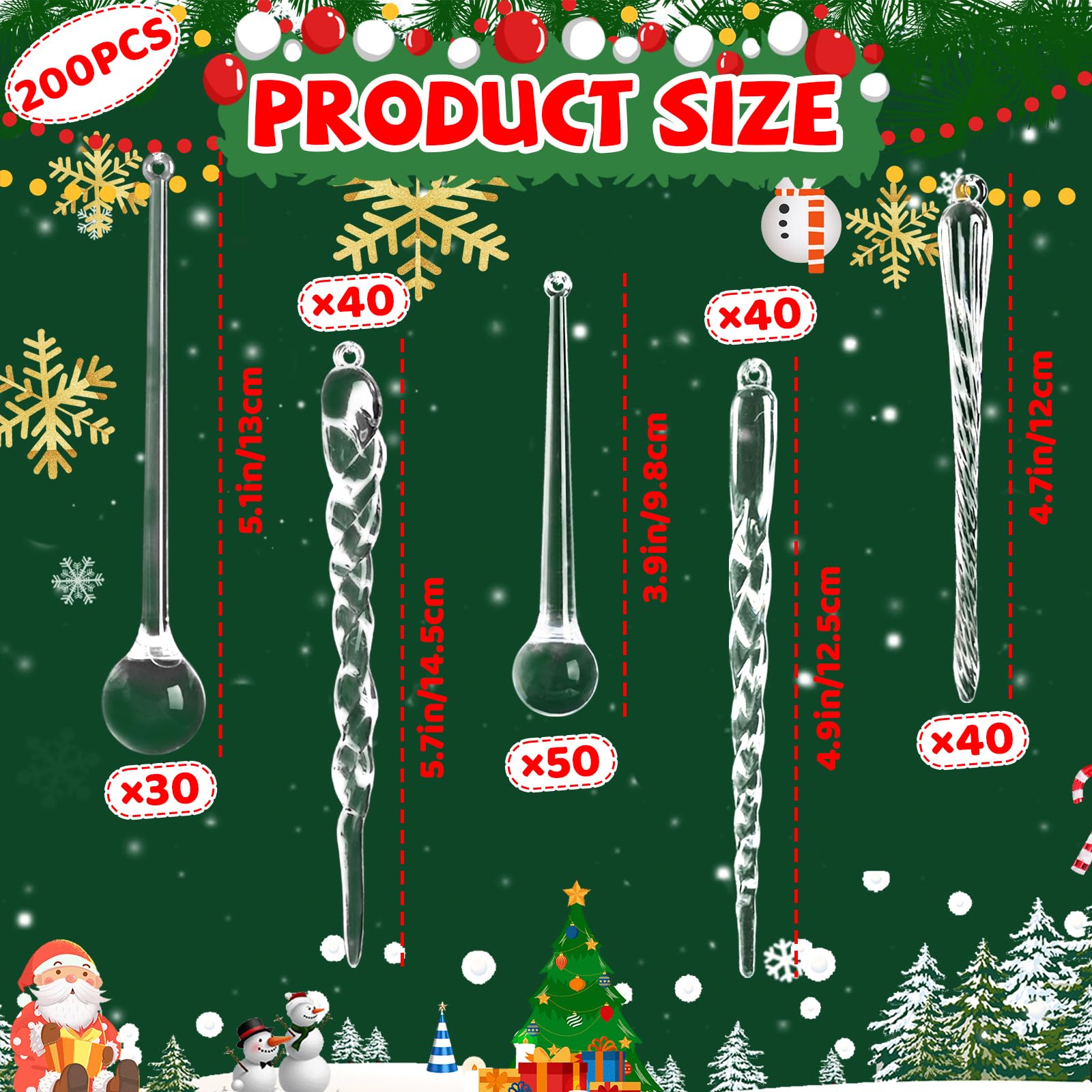 OuMuaMua 200 Stück Weihnachts-Eiszapfenornamente für Weihnachtsbaumschmuck, Wassertropfenform, Kristallanhänger, hängende Acryl-Ornamente, Weihnachts-Winter-Wunderland-Party-Dekorationen