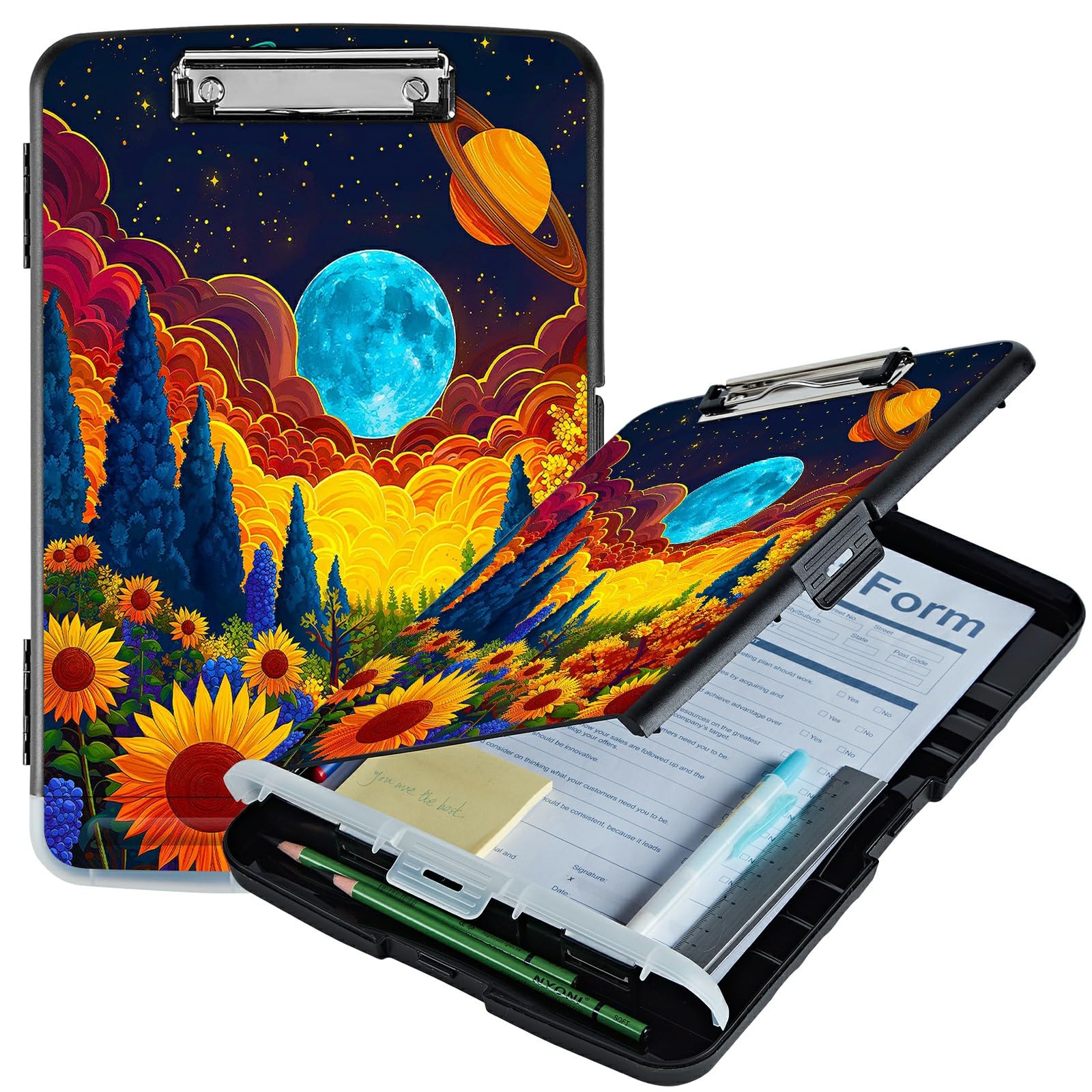 RWUTYTIUL Sunflower Clouds Moon A4 Clipboard with Storage Pen Holder, Clipboards Organizer Nursing Clipboard Foldable File Folder Plastic Clipboard Folio Clip Board for Office Students Classroom — image 1