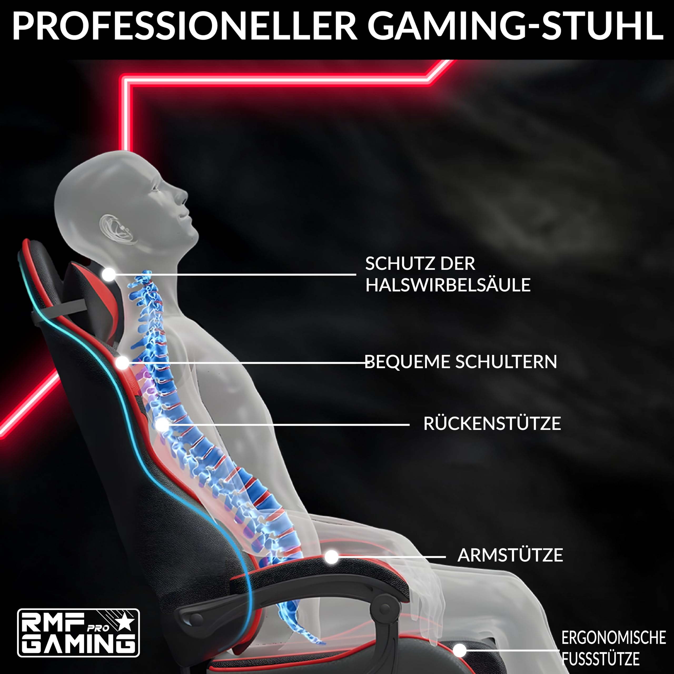 RMF Sedia Gaming Professionale Ergonomica Reclinabile, Poltrona Gaming Seduta Comoda e Rilassante con Poggiapiedi - Sedia per Gamer con Ruote Girevoli, Altezza Regolabile Rosso/Nero