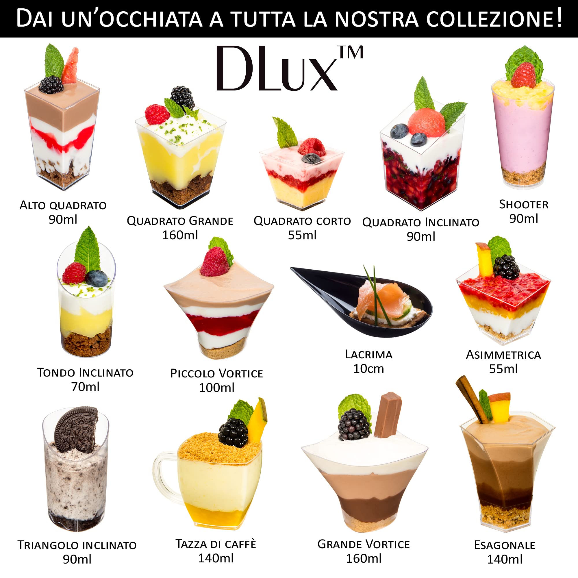 DLux 50 x 60ml Mini Dessert Cups con cucchiai, Square Short-Tazza antipasto in plastica trasparente Parfait - Piccola ciotola riutilizzabile per la degustazione di antipasti da festa-con Ricetta Ebook