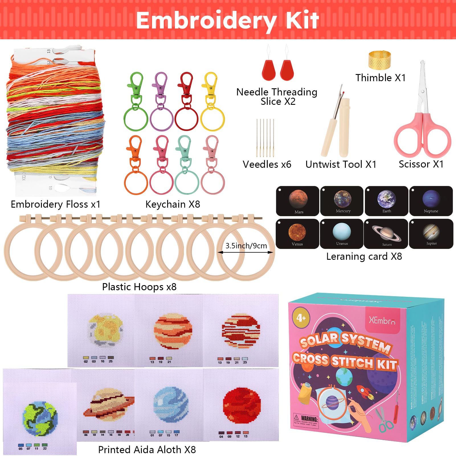 XEmbro 8 PCS Cross Stitch Kits for Beginners, Solar System Kids Embroidery Kit, Stamped Cross Stitch Craft Supplies for Boys and Girls, Planet Pattern Needlepoint for Bags