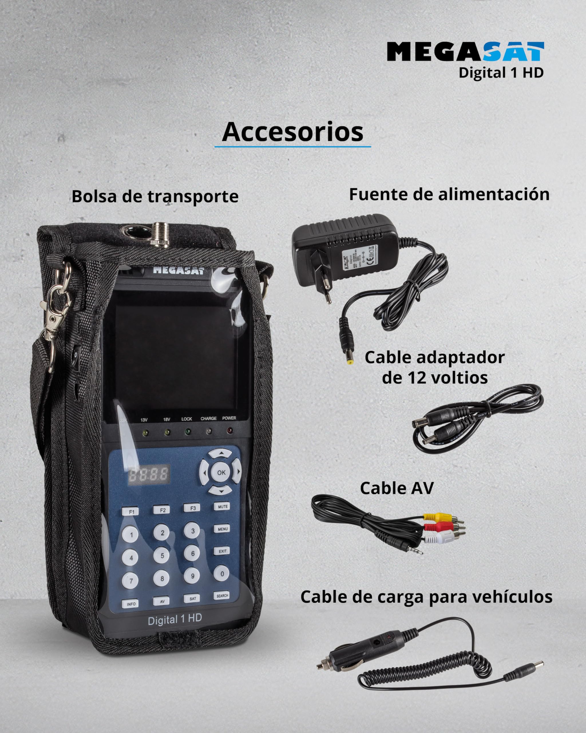 Megasat Digital 1 HD – Medidor de señal satélite, Imagen de TV en Directo | Para DVB-S & DVB-S2, pantalla a color de 3,5", Unicable, batería