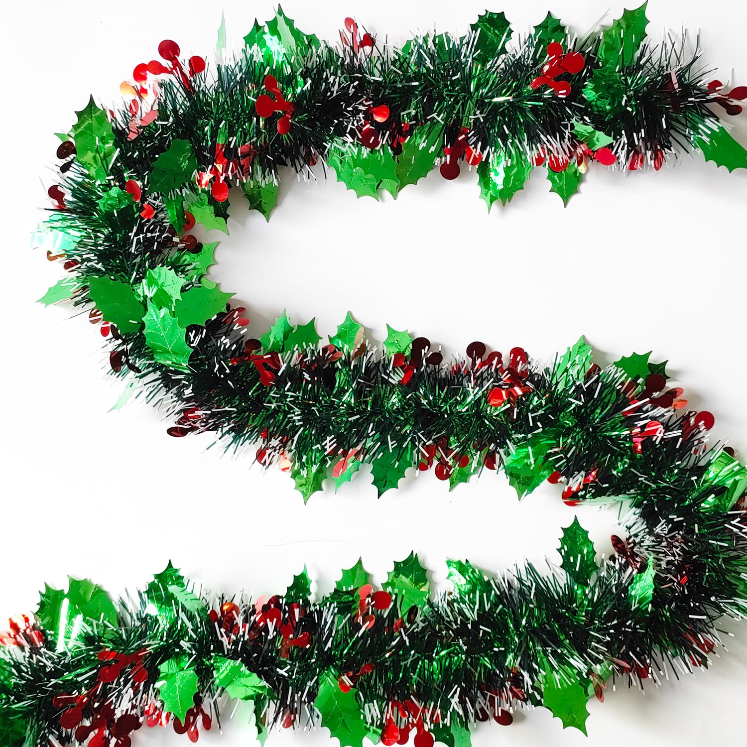 KKSTY Holly Berry Tinsel Garland 32.8ft Christmas Chunky Tinsel Long Metallic Tinsel with Red Berries Holly Leaves for Christmas Tree Holiday Party Decoration (Green)