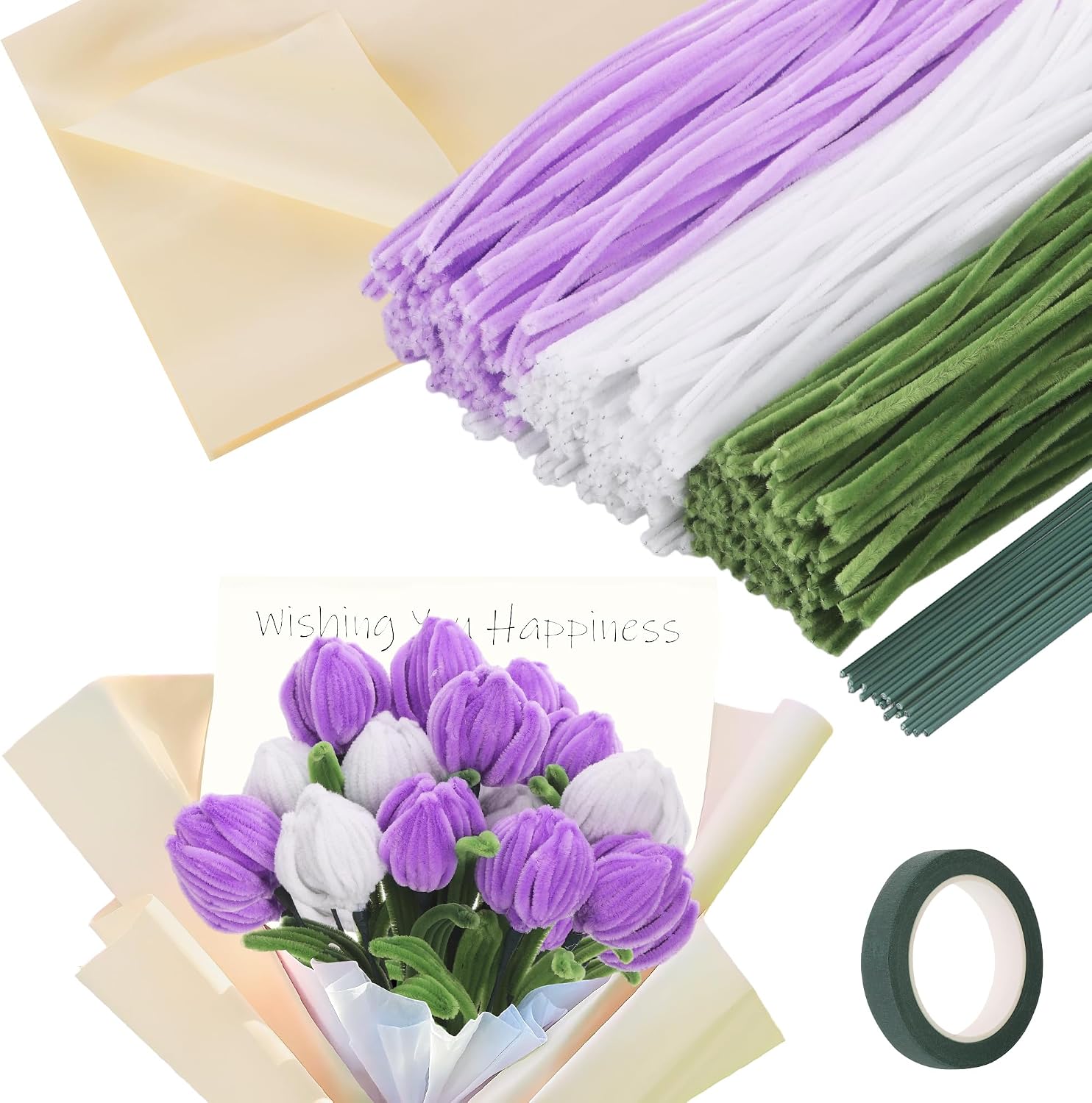 300 Pieces Pipe Cleaners Flower Kit, Green Pink Pipe Cleaners Crafts Bulk for DIY Tulip Bouquet, 11.8 inch Chenille Stems Flower Making Kit with Floral Tape and Stems, Creative Gift