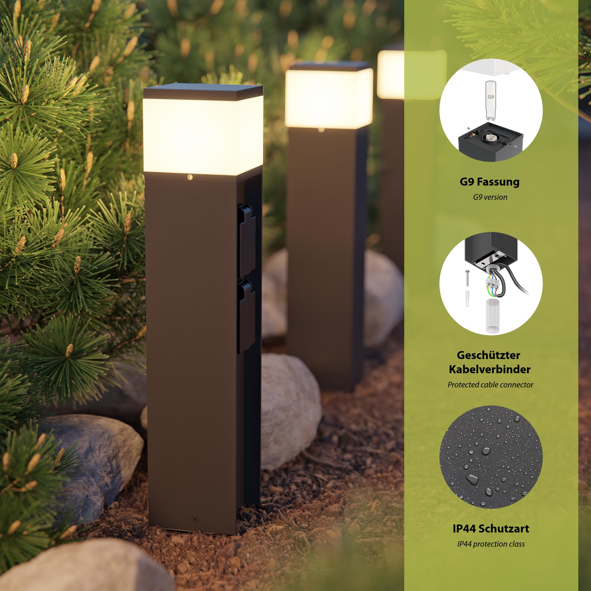 ledscom.de 2 Stück Wegelicht/Pollerleuchte PODEL für außen, IP44, Smart Home, WLAN, Alexa, 39 cm, anthrazit, 1x G9 max. 10W, 2 Steckdosen