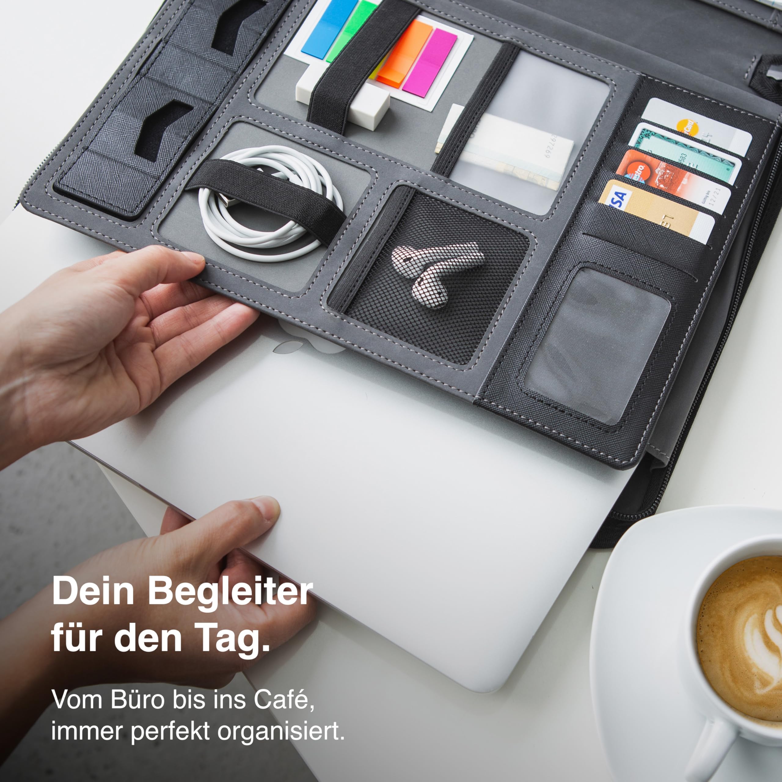Vebon® Carpeta de conferencias A4 'London' de piel vegana con cremallera y funda para ordenador portátil, soporte para smartphone y portapapeles, kirschrot