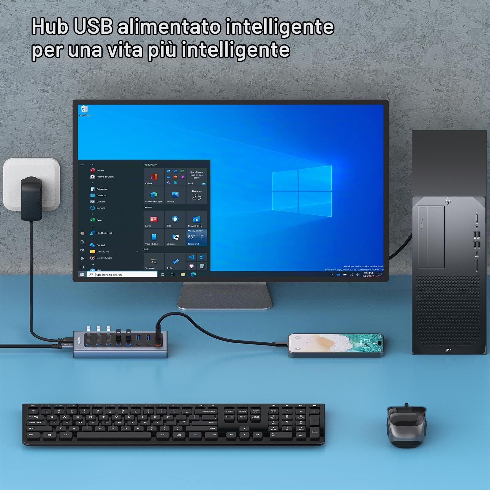 BENFEI HUB USB 3.0 Alimentato 8in1, 7 Porte USB 3.0 e 1 Porte Carica Rapida con Interruttore LED on/off e Adattatore di alimentazione 18W, Compatibile PC MacBook Windows Mac OS Linux (8in1)