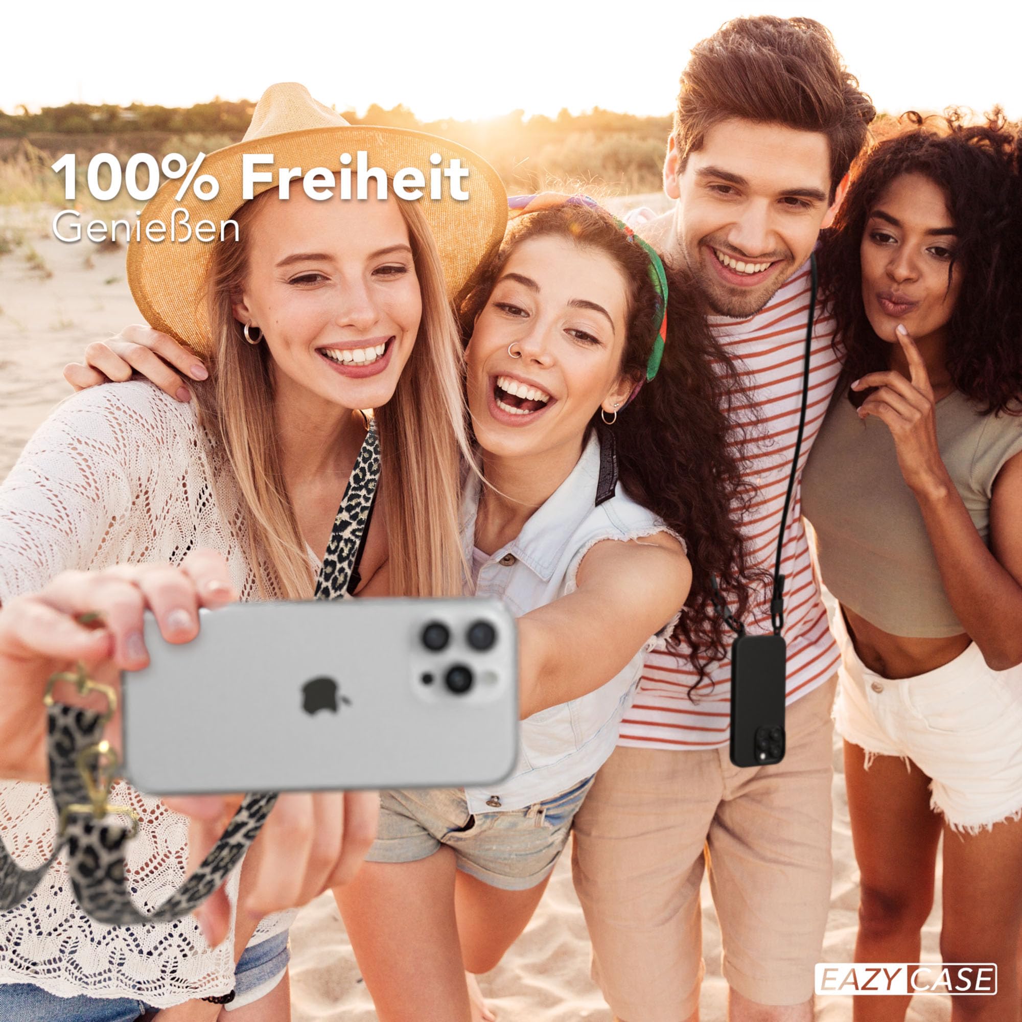 EAZY CASE Handykette - Verstellbares Taschenband kompatibel mit iPhone 16 Pro Max, Schulterriemen, Handykordel mit Silikon Hülle, Umhängetasche, Leo - Schwarz Beige Gold