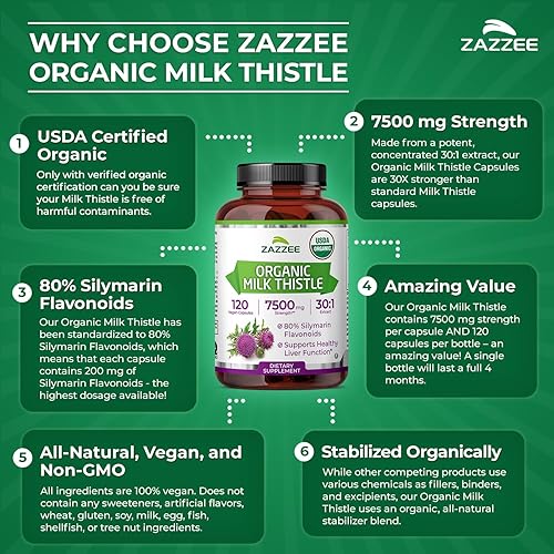 Miniatura 7 de Zazzee USDA Organic Milk Thistle 30:1 Extracto 30:1, 7500 mg de fuerza, 120 cápsulas veganas, 80% flavonoides de silimarina, extracto estandarizado