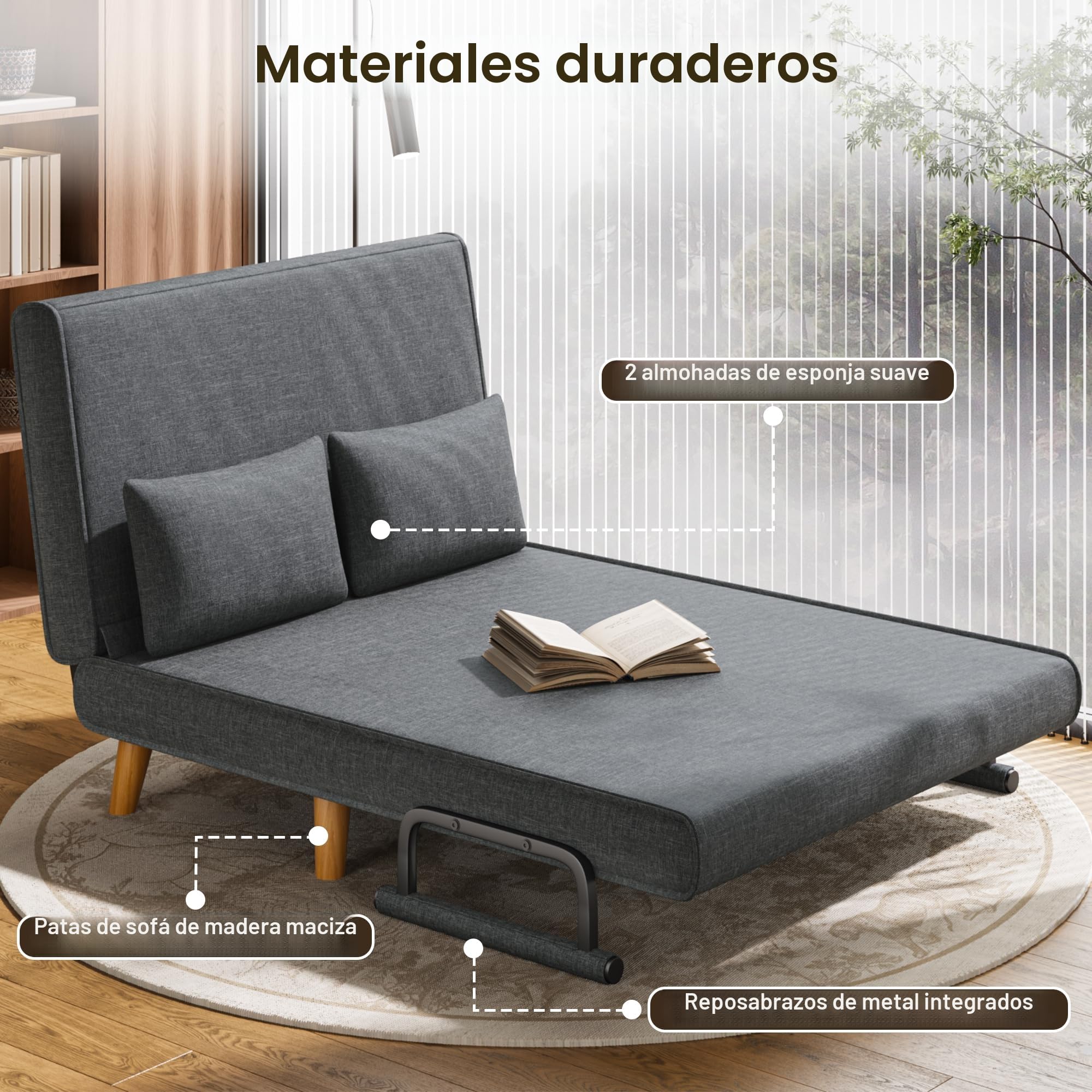 Xbro Sofá Cama de 2 Plazas, Sillón Cama Plegable con Respaldo Ajustable de 6 Niveles y 2 Almohadas, Sofá Convertible para Salón Dormitorio o Apartamento