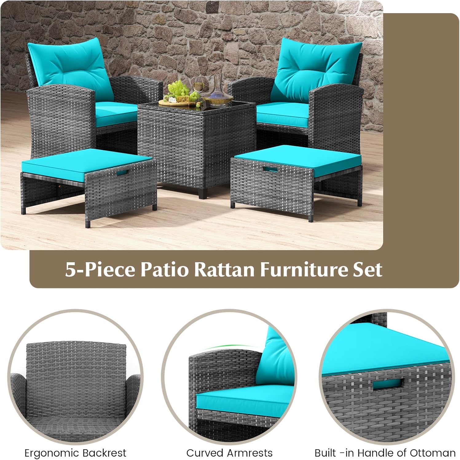 KOTEK 5 Pieces Patio Furniture Set with Ottomans, Wicker Patio Conversation Set with Coffee Table & Cushions, PE Rattan Outdoor Lounge Chairs for Backyard, Porch, Poolside (Mix Grey- Turquoise)