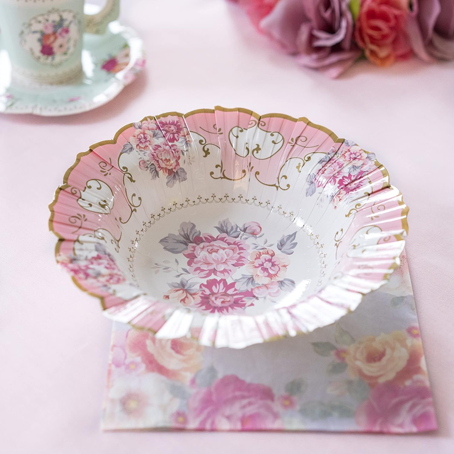 Talking Tables Truly Scrumptious Vintage Floral Disposable Bowls in 2 Designs for a Tea Party or Birthday, Blue/Pink (12 Pack)