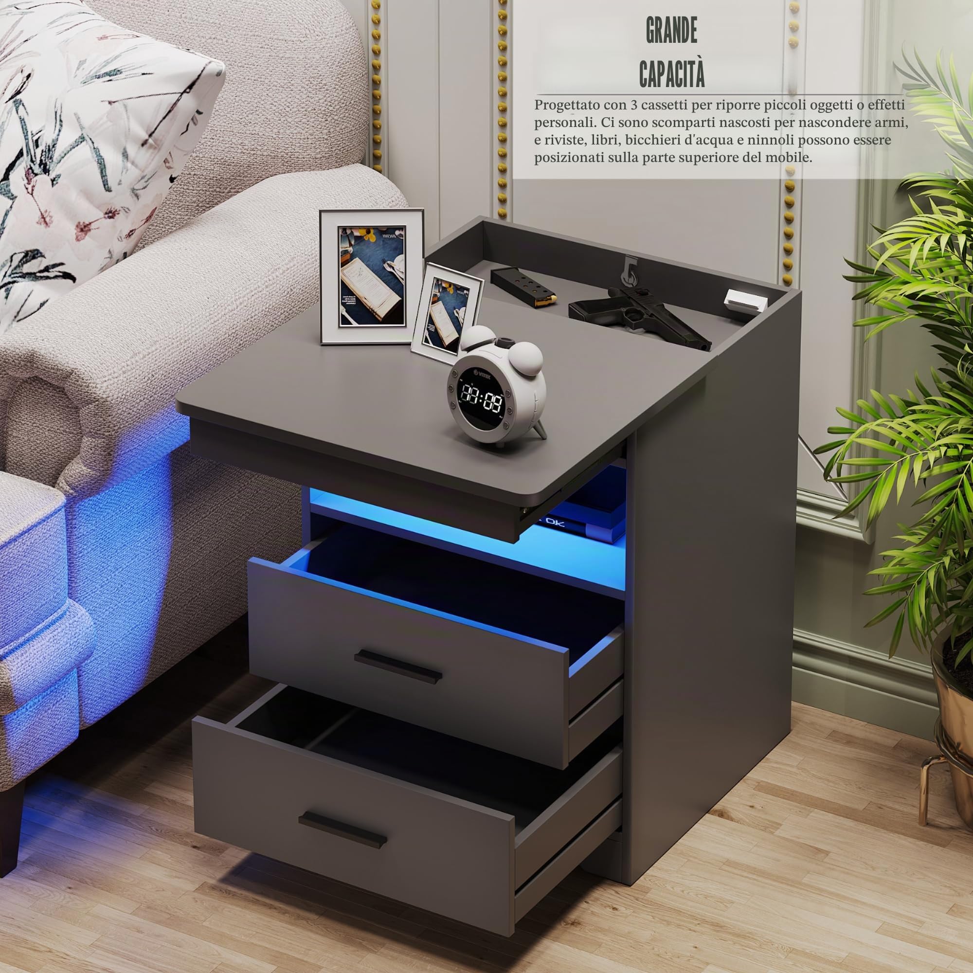 FREDEES Comodino LED con cassetto nascosto, Comodino con stazione di ricarica e luci a sensore umano a 3 colori, Comodino moderno con spazio di archiviazione, Grigio