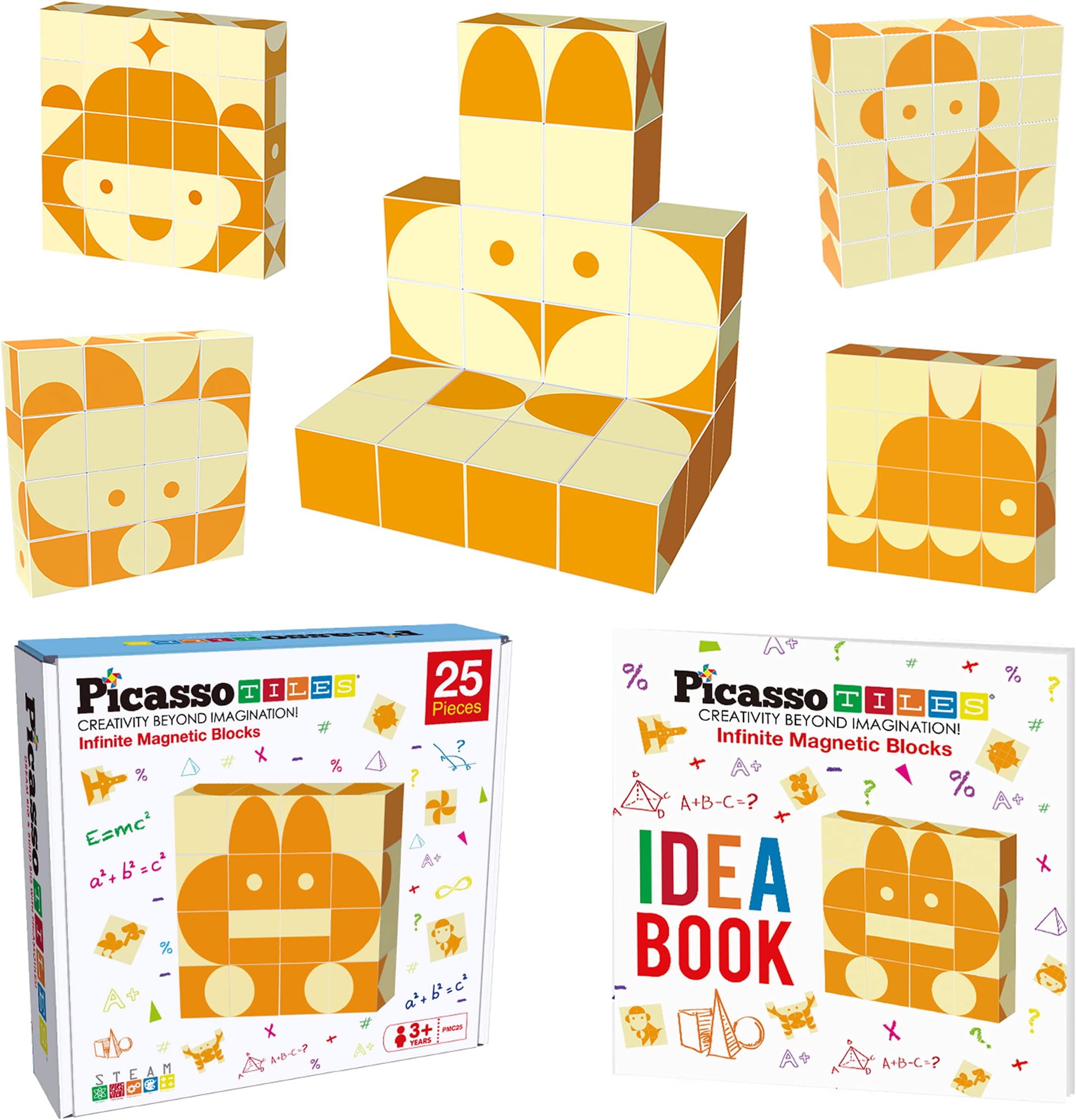 PicassoTiles 25 Piece Magnetic Puzzle Game Magic Cube Puzzles Brain Teaser Set Kids Toy Magnet Pattern Block Matching Toys with Free Ideabook 150+ Inspirations Included STEM Learning Early Education